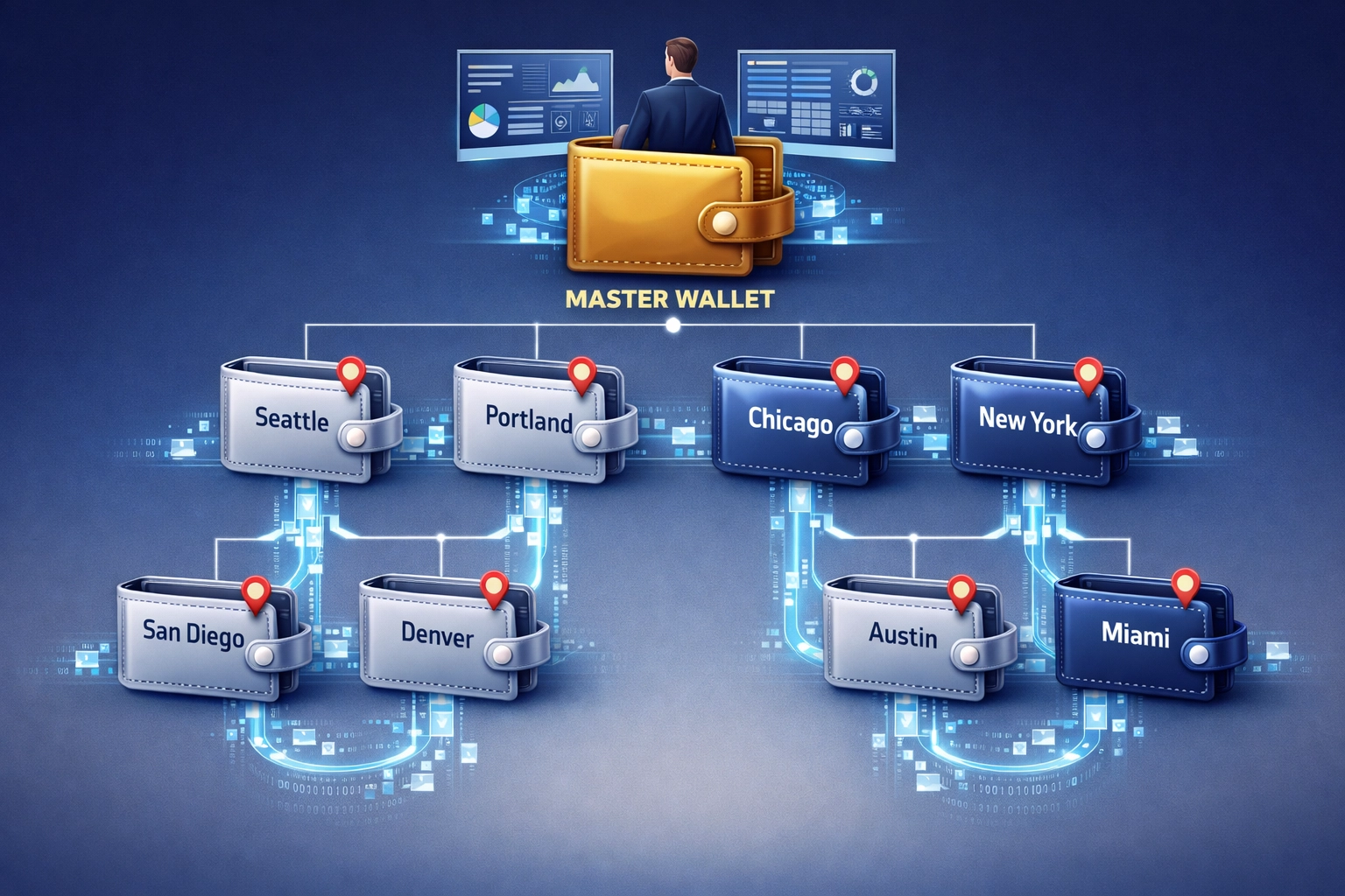 Master and sub-wallet architecture for multi-location merchant payment management