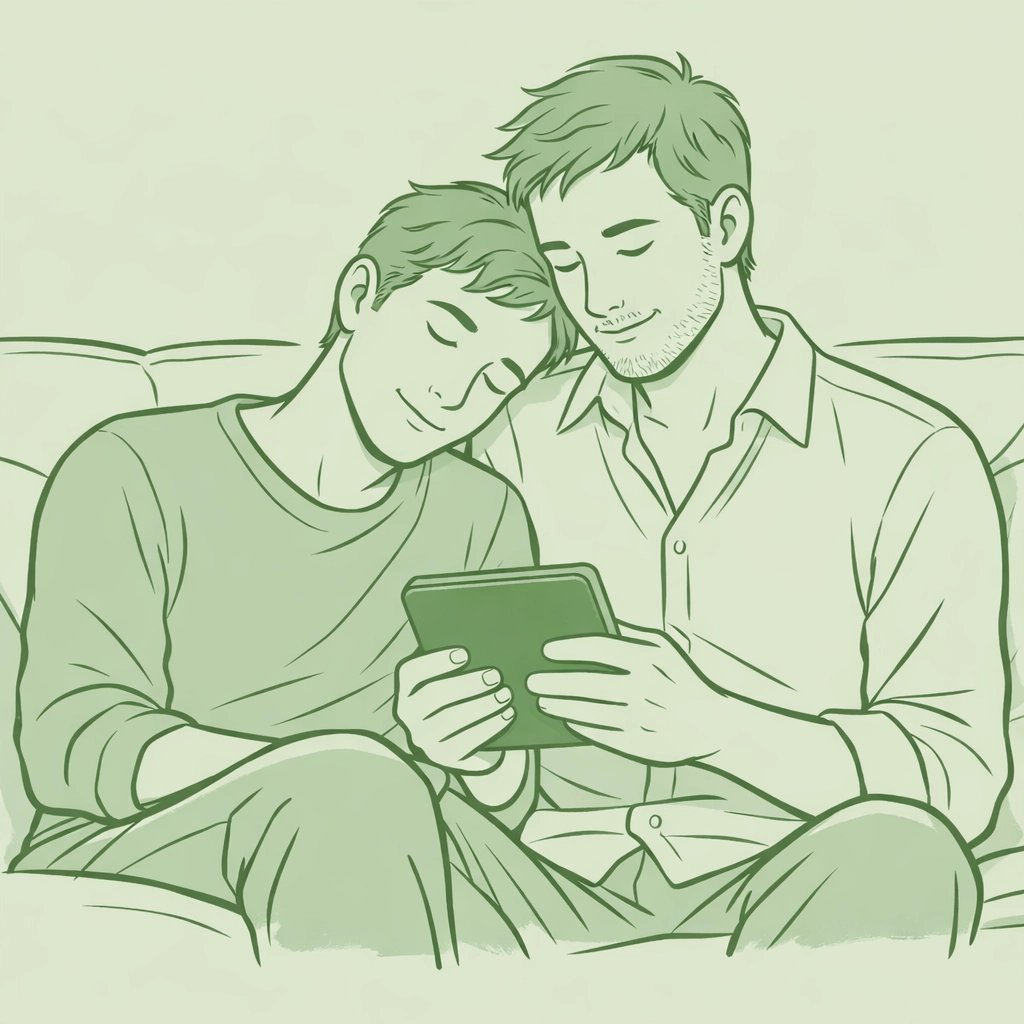 Gay couple reading an MM romance ebook together on a sofa in a minimalistic green illustration.