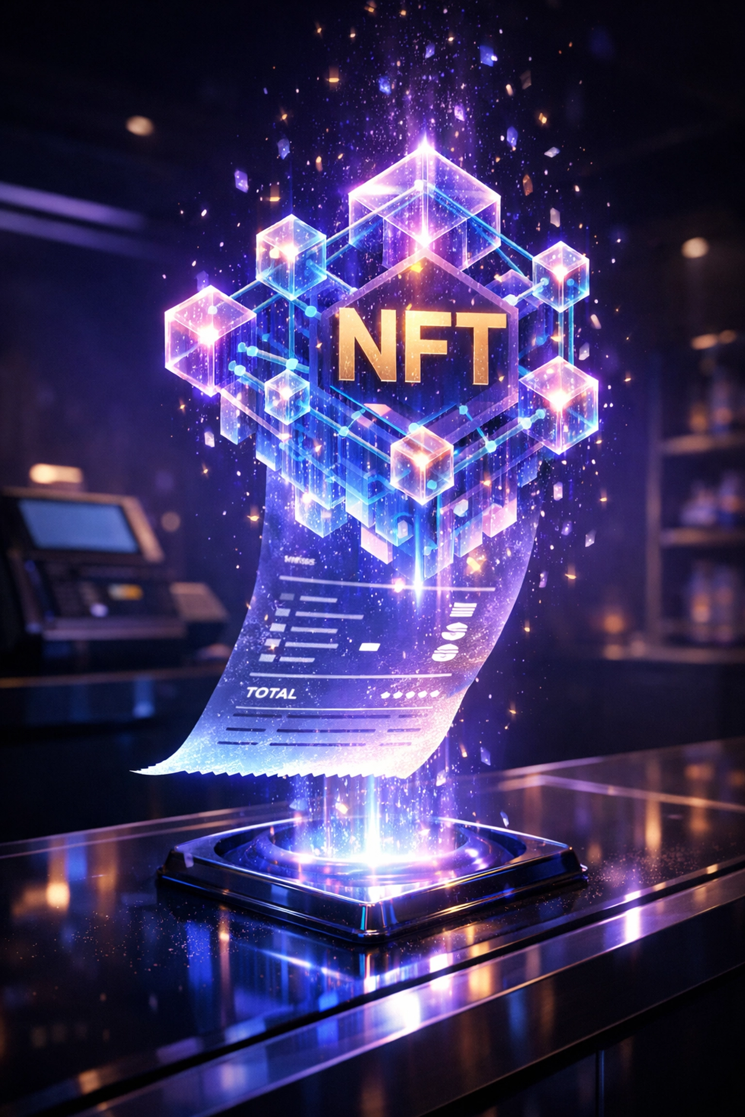 NFT receipt hologram floating above retail counter showing blockchain-secured transaction proof for merchants