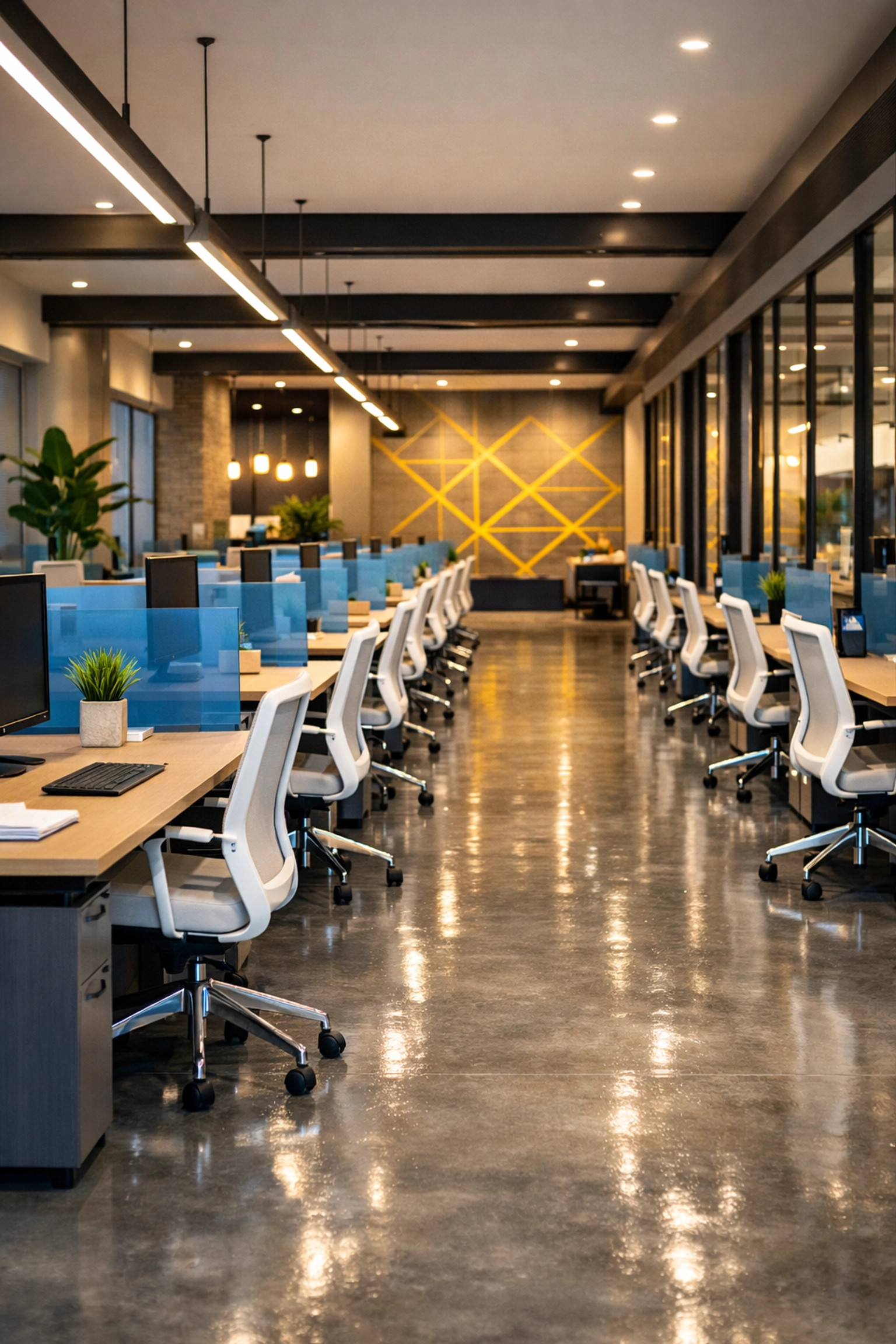 A pristine open-plan commercial workspace in Milford, ready for a productive day after expert office cleaning services.