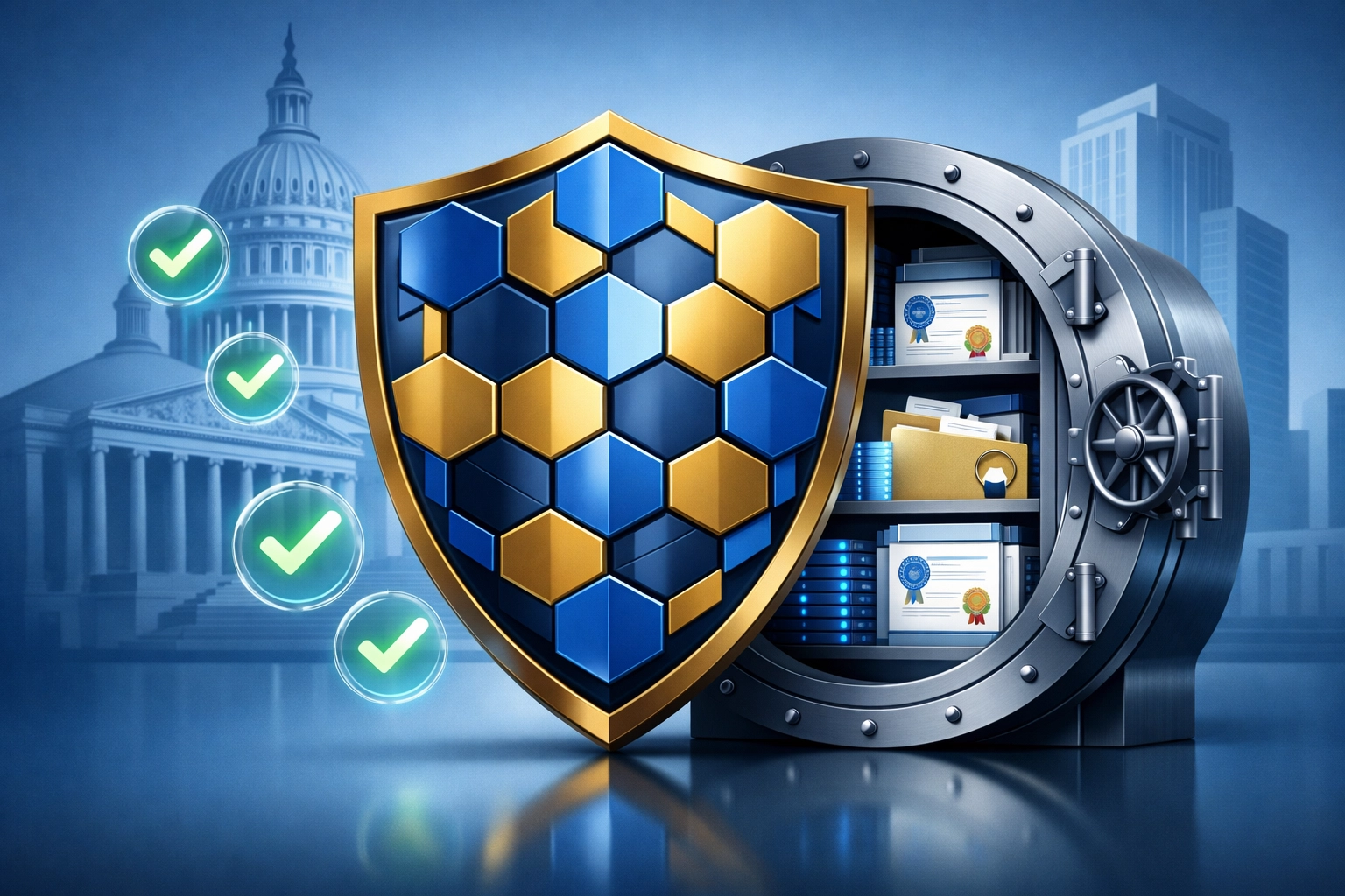 Blockchain compliance shield with security features and regulatory certification symbols