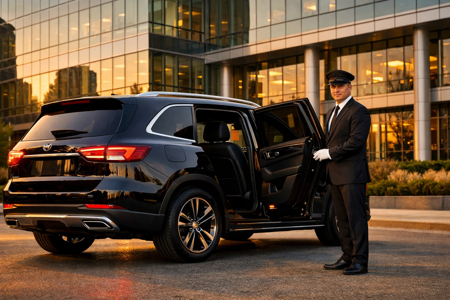 Professional chauffeur opening luxury SUV door for corporate executives at modern office building