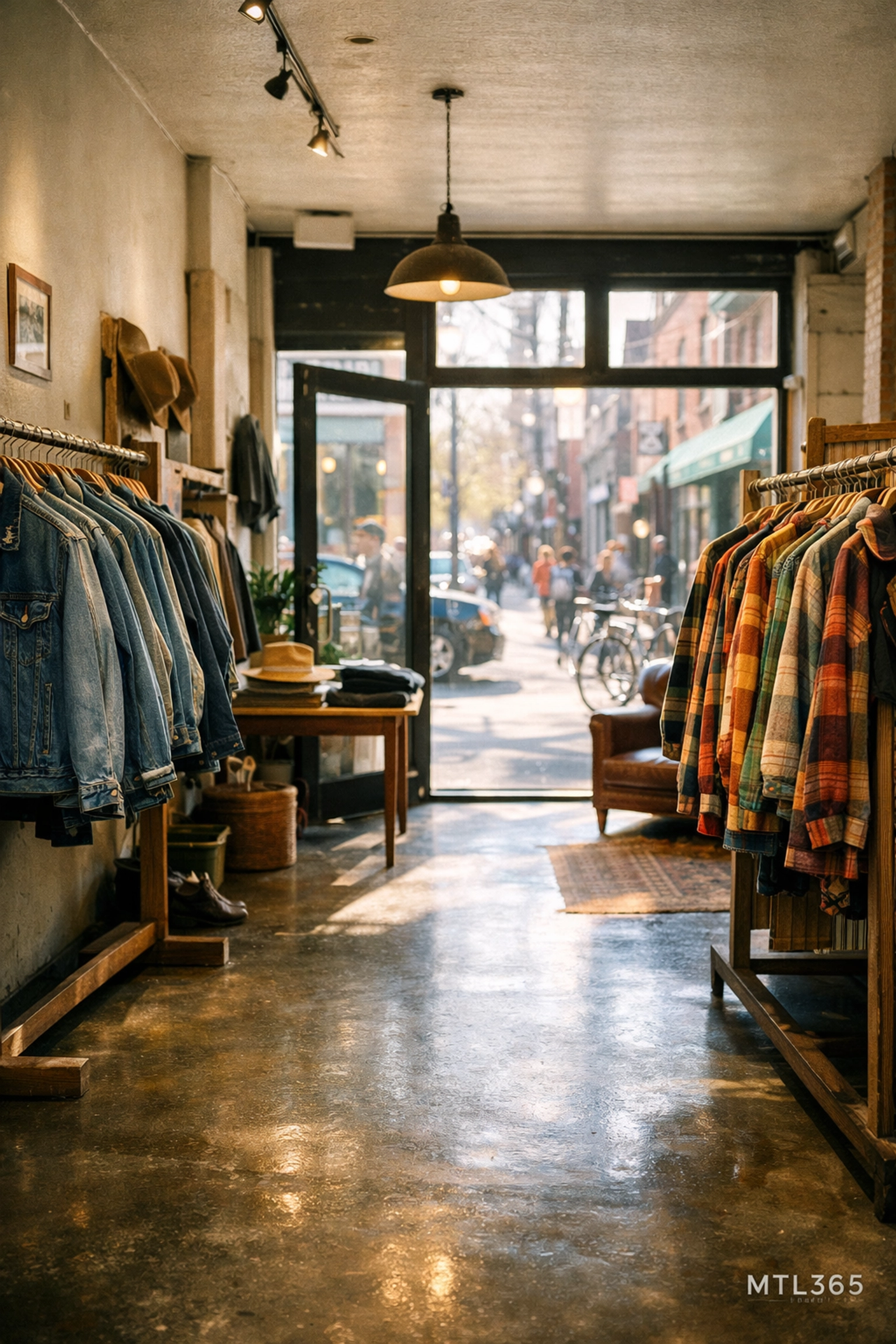 Sunlight illuminating vintage clothes inside a trendy boutique in Montreal's Mile End neighborhood.