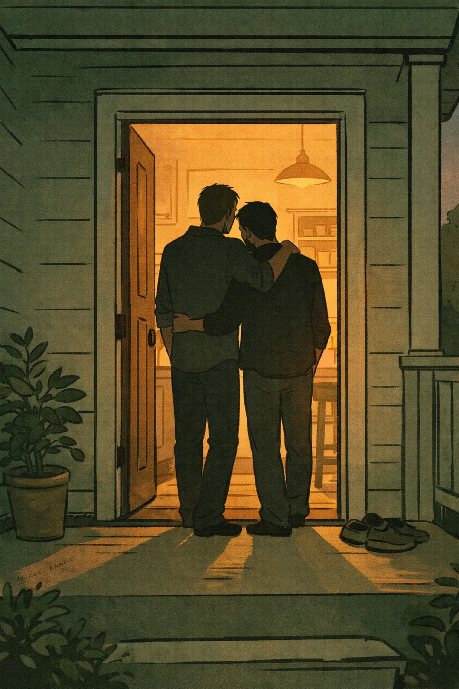 Two men embracing in doorway of their home creating sanctuary together at dusk