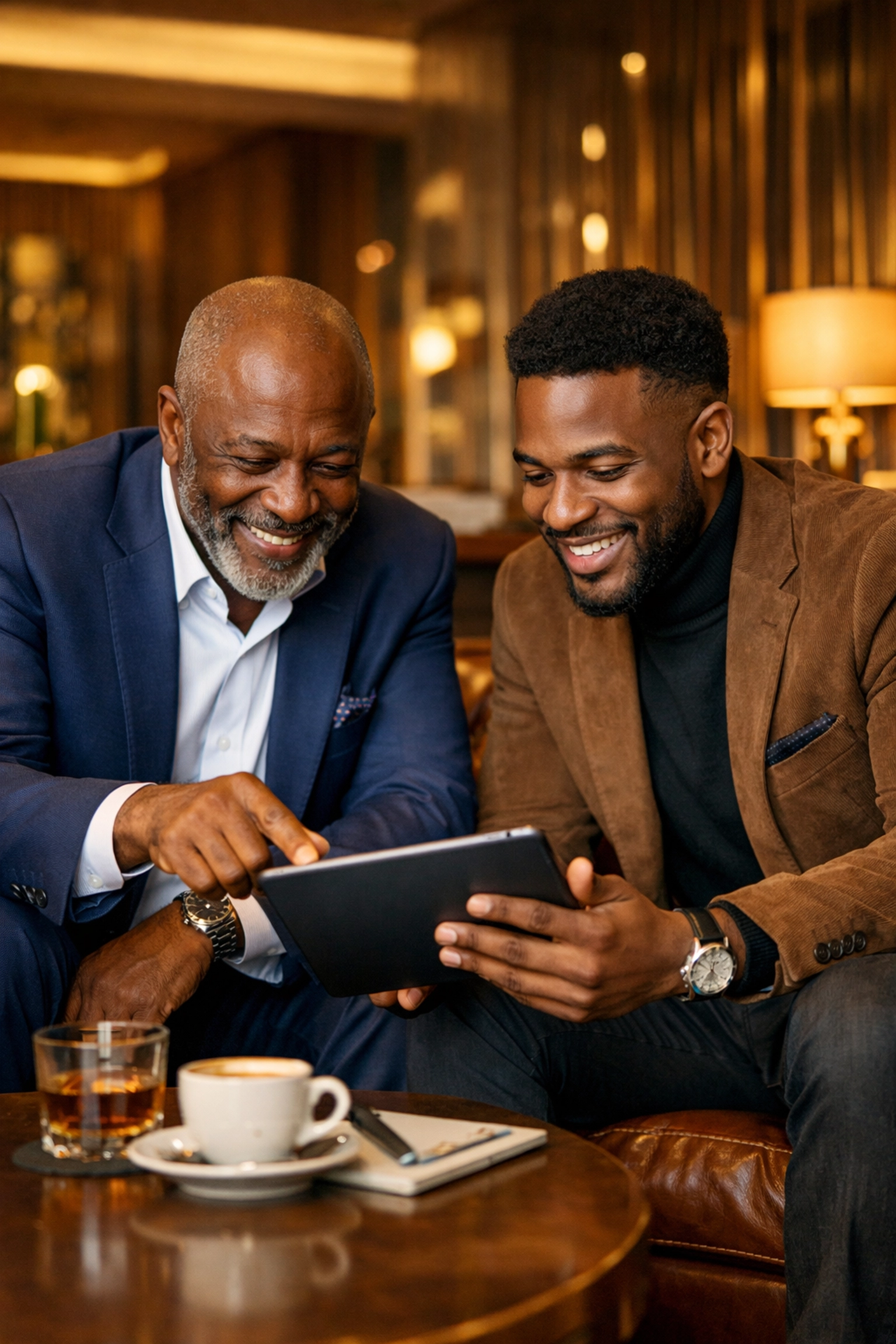 Black entrepreneurs mentoring and discussing business strategy in a modern lounge for Sonny’s Spotlight.