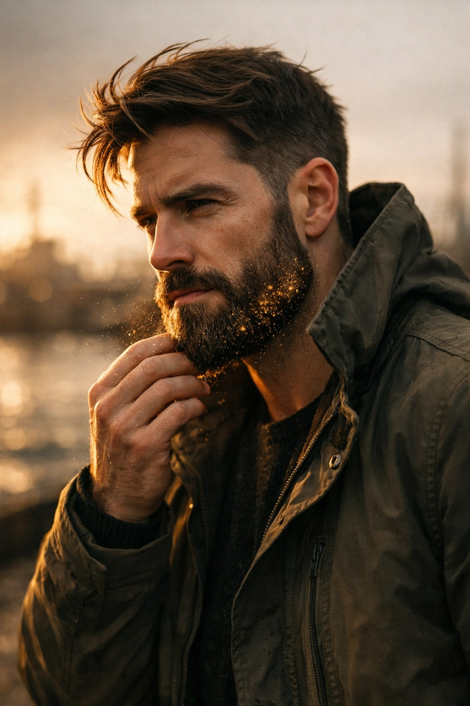 A man with a perfectly styled beard protected by premium beard wax in windy outdoor conditions.