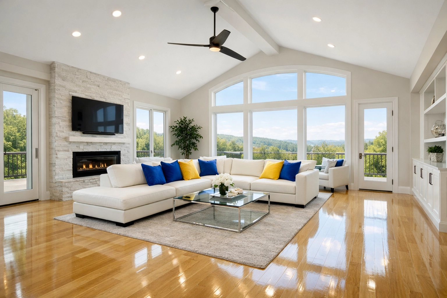 Pristine Marlborough luxury home living room after professional post-construction cleaning and dust removal.