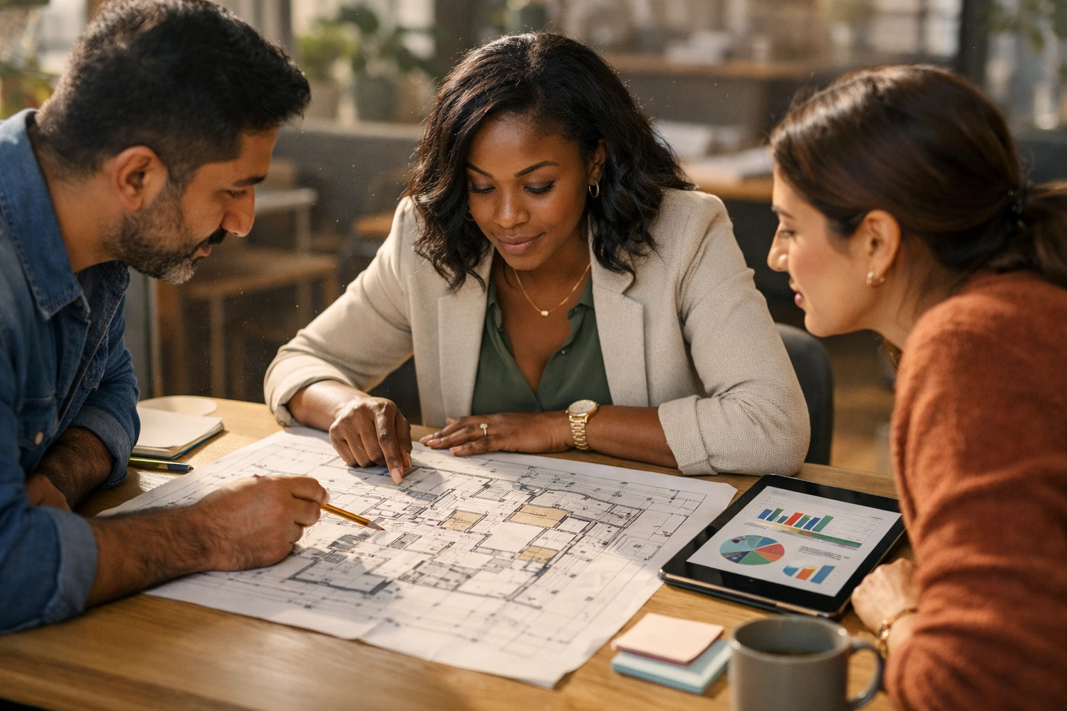 Entrepreneurs reviewing data charts and architectural plans during a restaurant feasibility study.