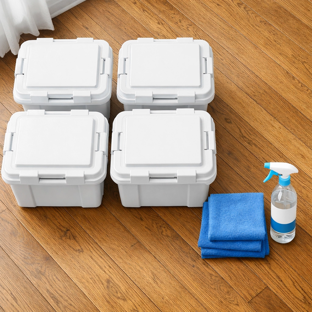 Organized storage bins and supplies for a professional estate cleanout in Lancaster, MA.