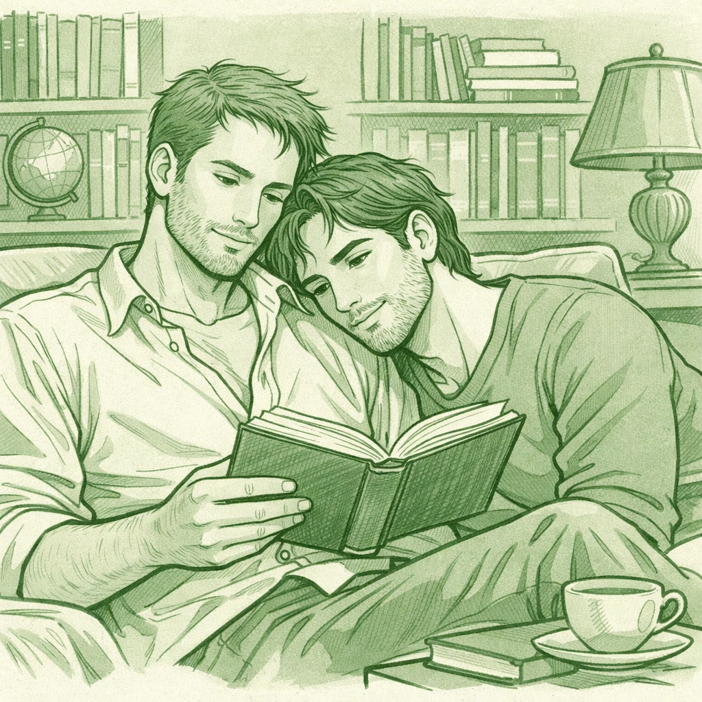 An MM couple sharing a quiet moment reading together, highlighting the depth of literary gay fiction.