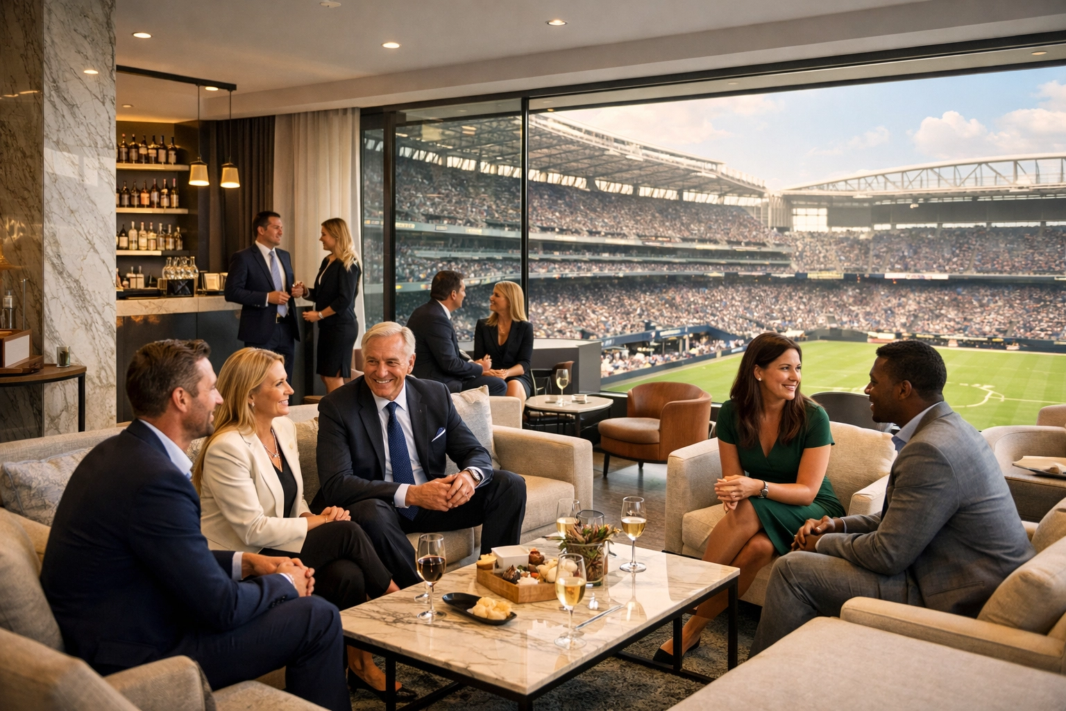 Corporate executives networking in a modern stadium lounge during a premium Super Bowl hospitality event.