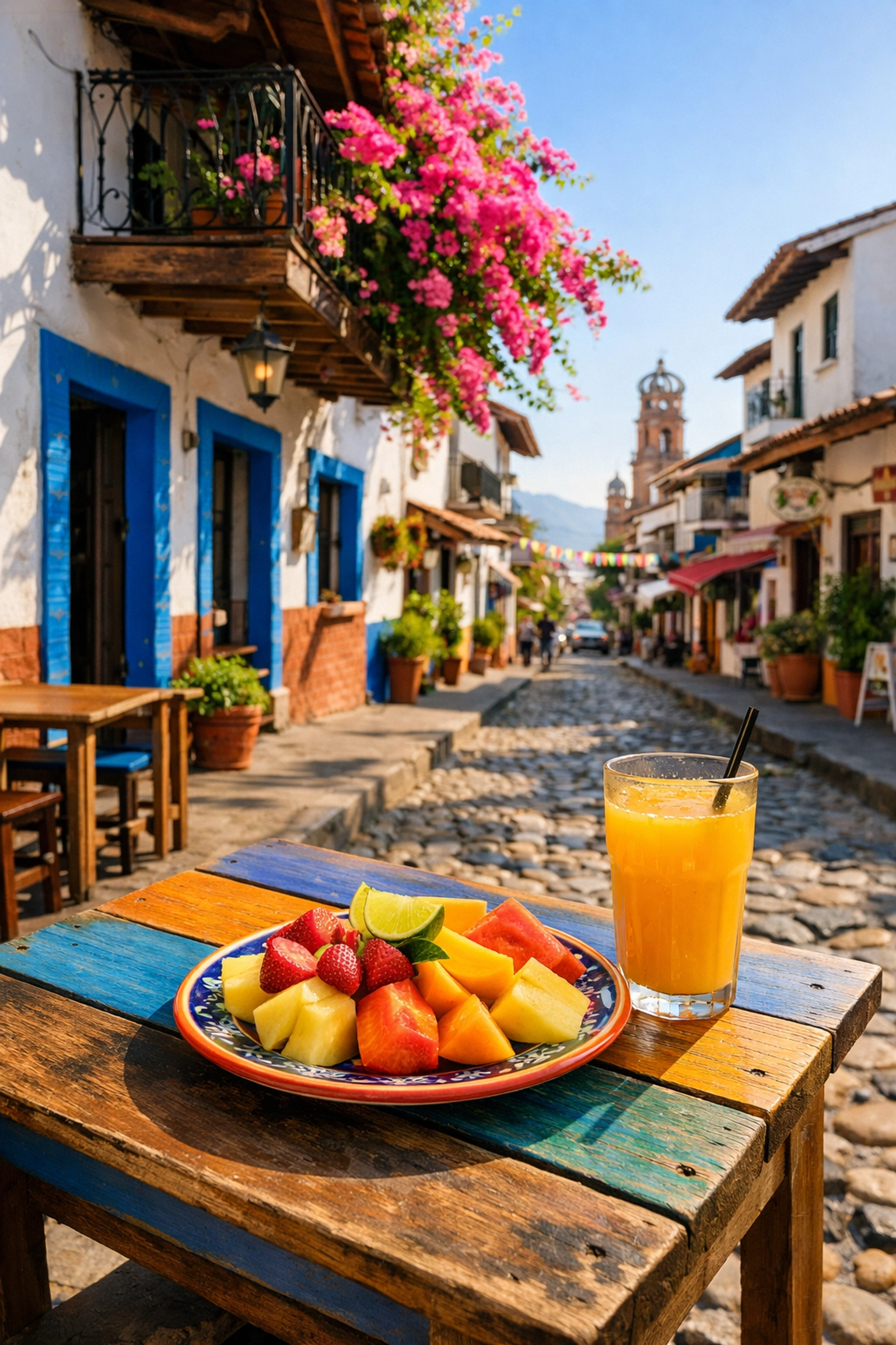 Charming Old Town Puerto Vallarta street scene with a local cafe table, ideal for remote workers living in the area.