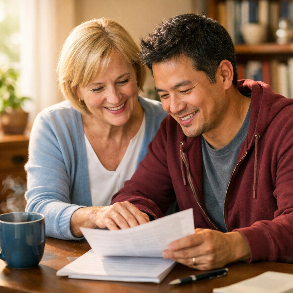 A parent and educational advocate for autism reviewing school documents together in a warm office.