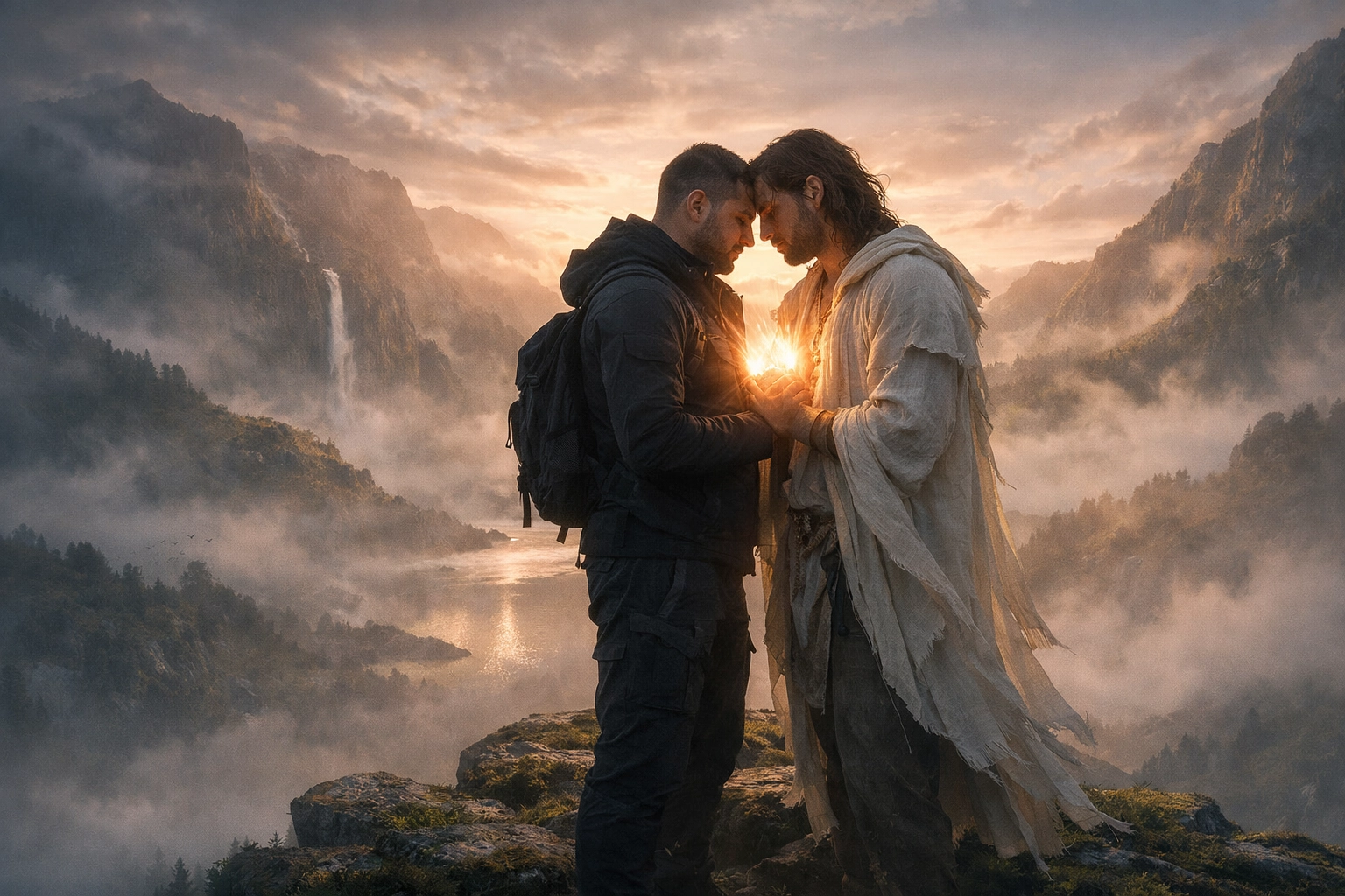 Two men connecting deeply on a misty cliffside, illustrating spiritual themes in MM romance books.