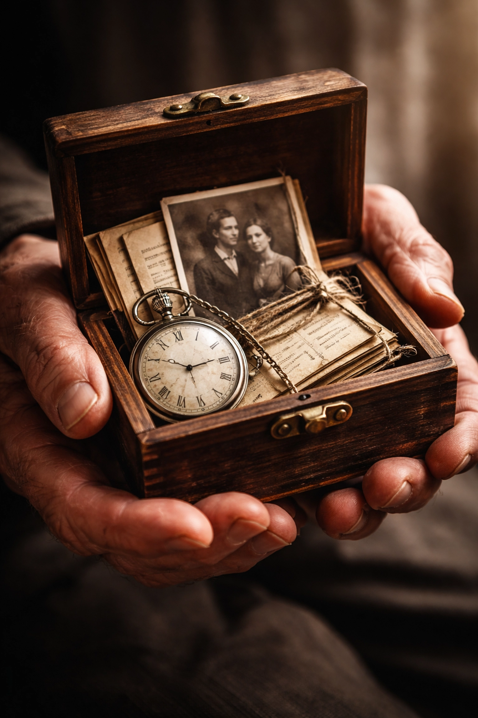 Weathered hands holding a jewelry box of keepsakes, highlighting sentimental downsizing during an assisted living move