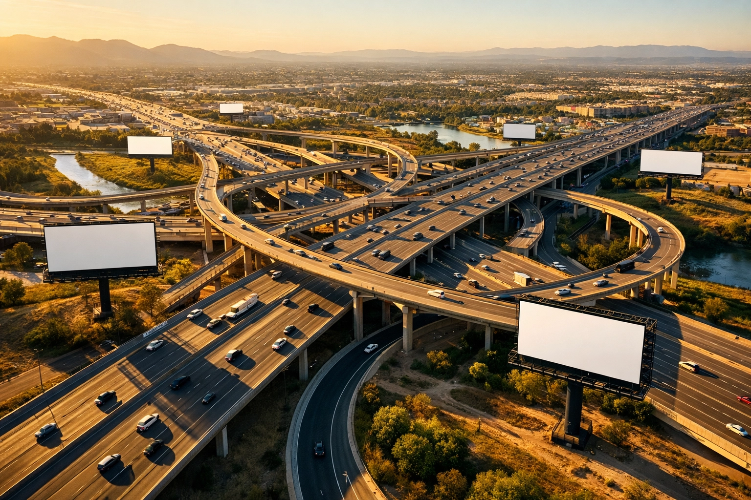 Aerial view of highway interchange system with multiple OOH billboard placements