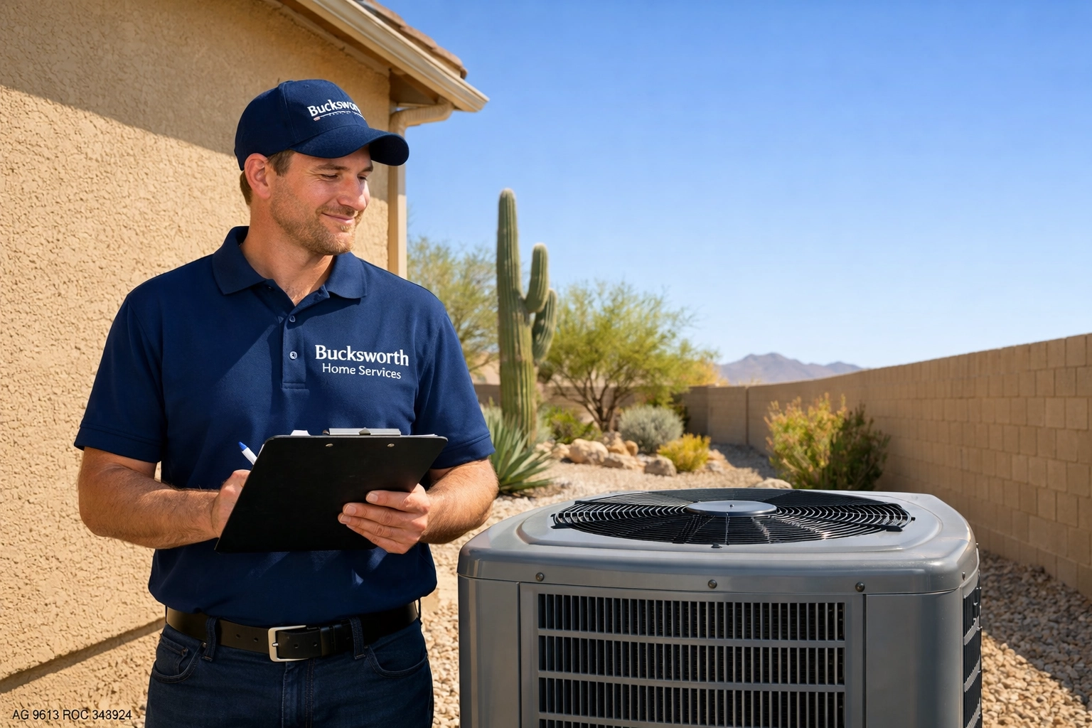 Bucksworth Home Services technician performing HVAC annual maintenance on an outdoor AC unit in Florence, AZ.