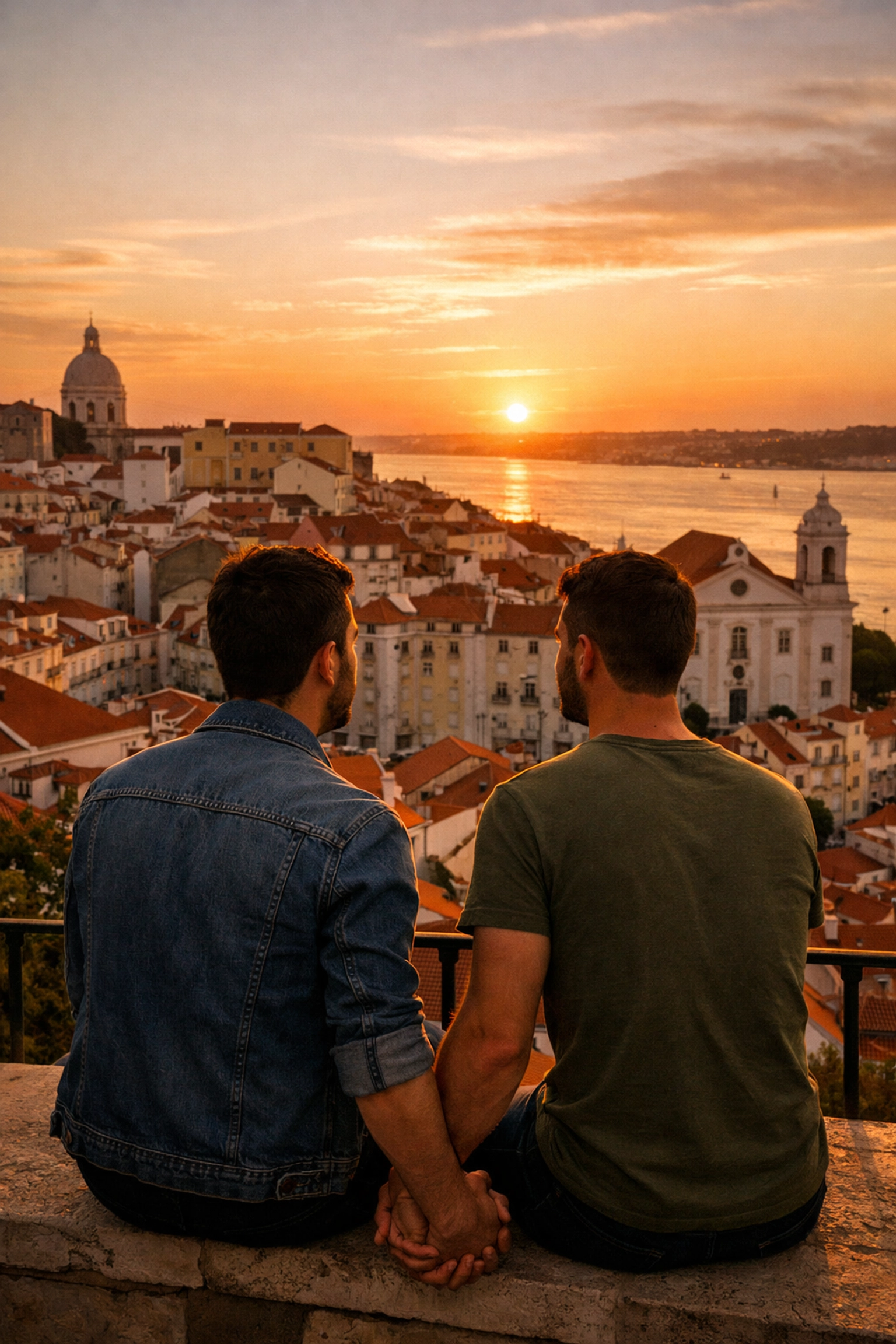 Gay couple holding hands at Lisbon viewpoint overlooking city at sunset