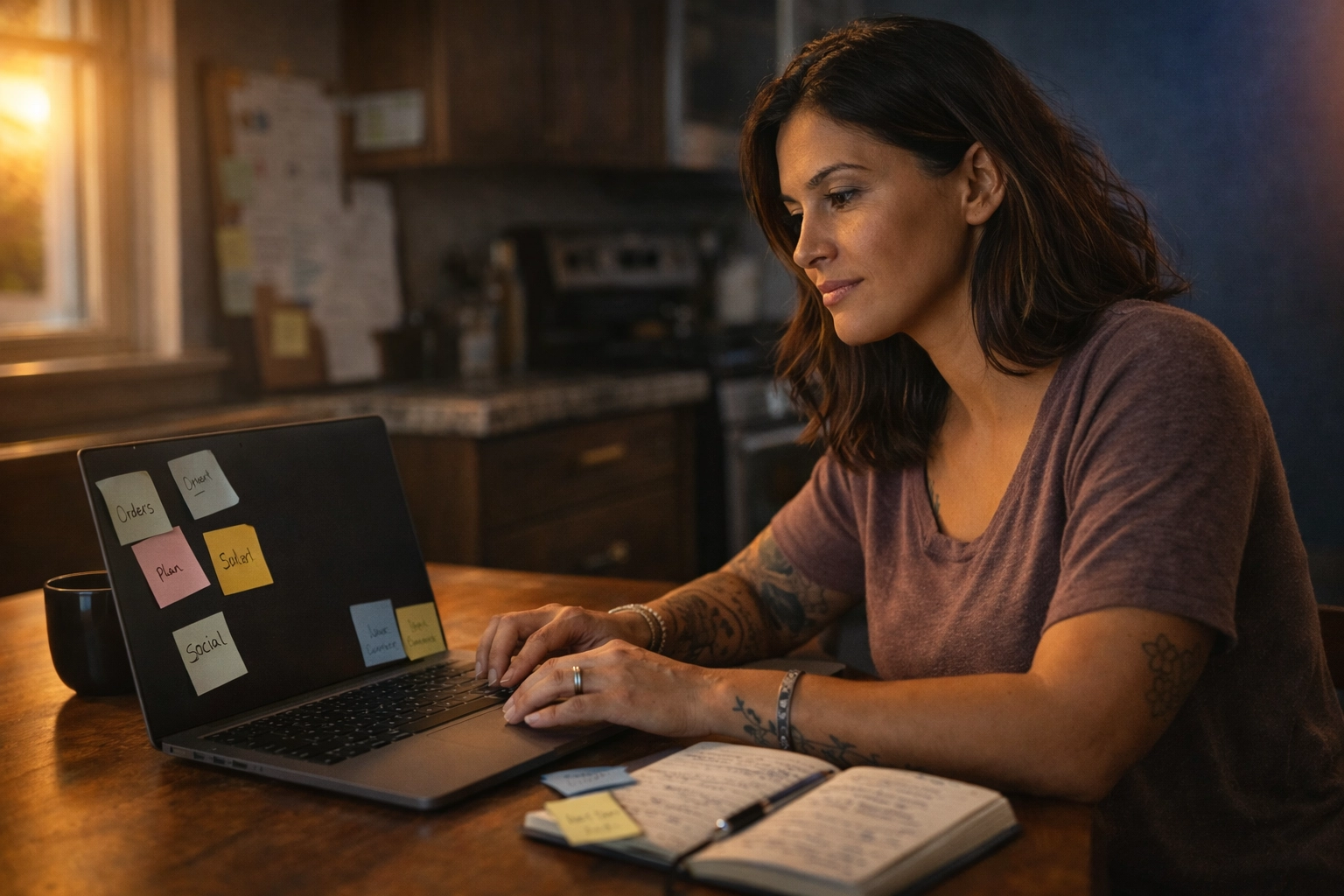 Latina justice-impacted woman planning a side hustle on a laptop at home with notebooks and sticky notes; warm natural lighting and a matte finish.