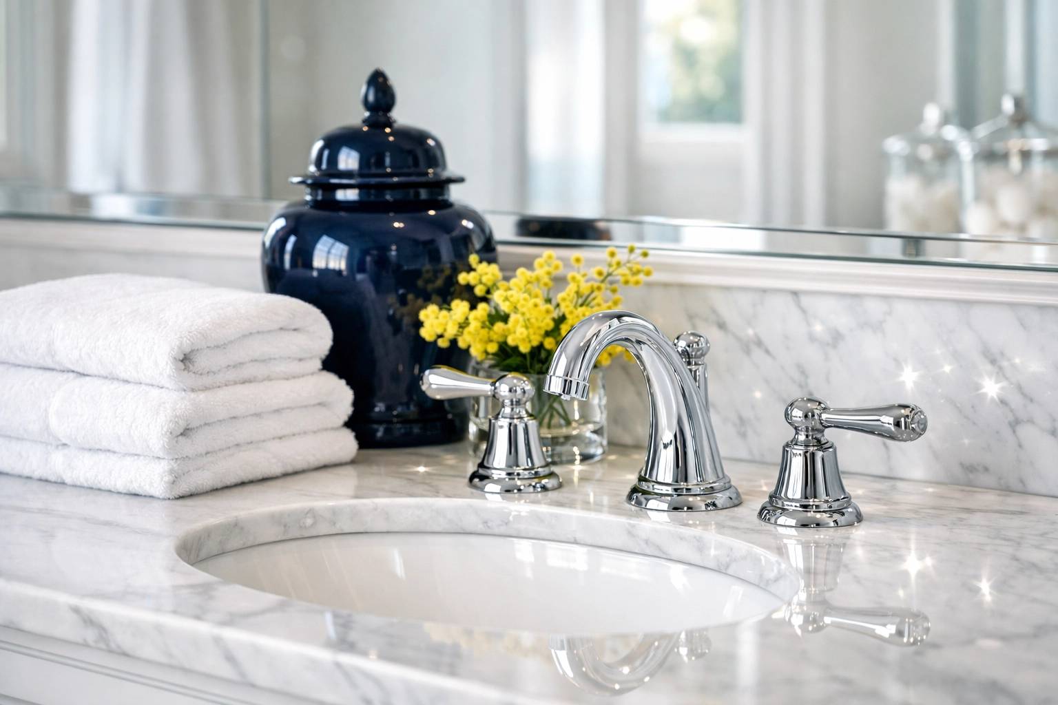 Deep cleaning Milford bathroom vanity featuring sanitized marble surfaces and sparkling chrome fixtures.