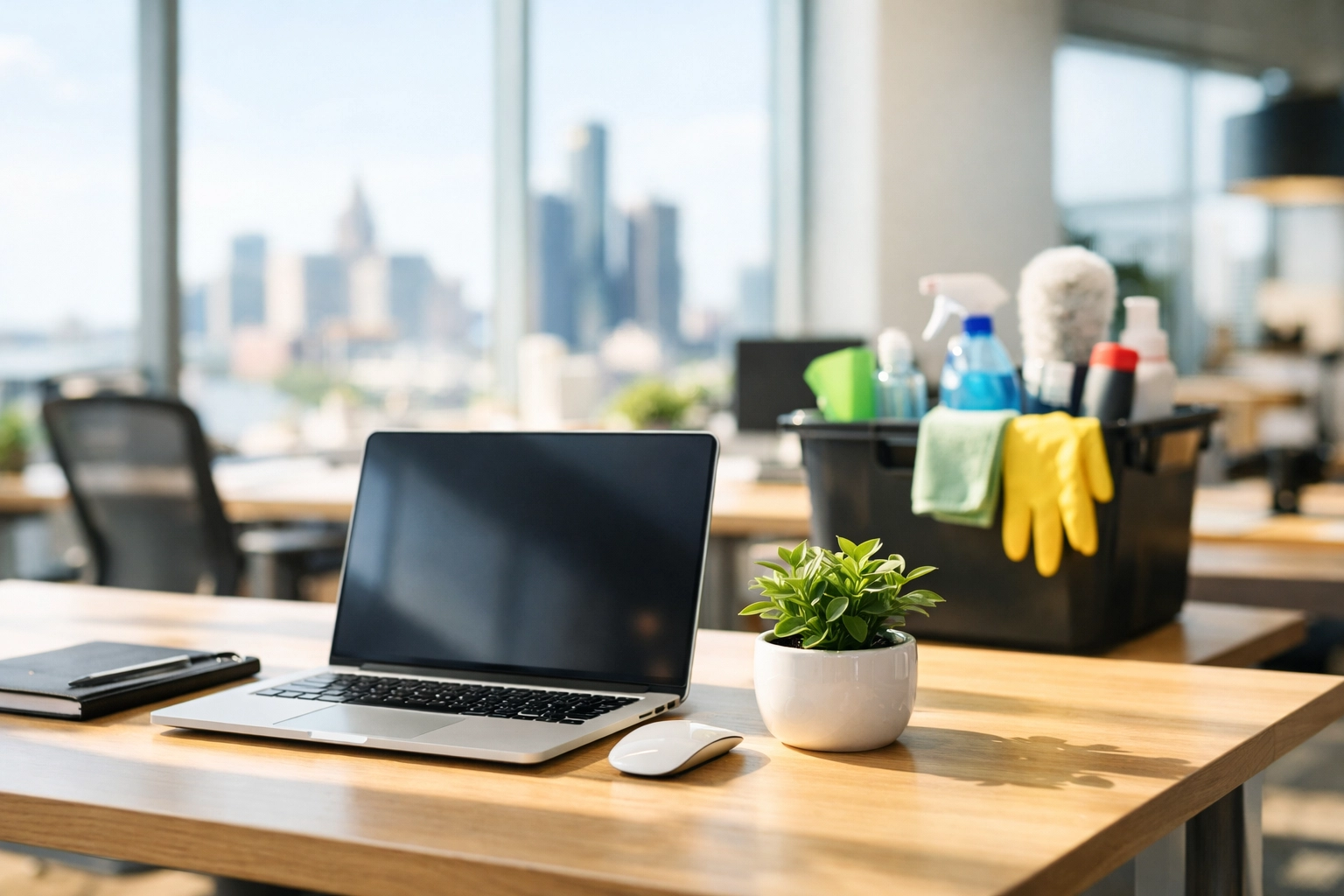 Professionally cleaned Detroit office workspace showing a tidy desk and background janitorial equipment.