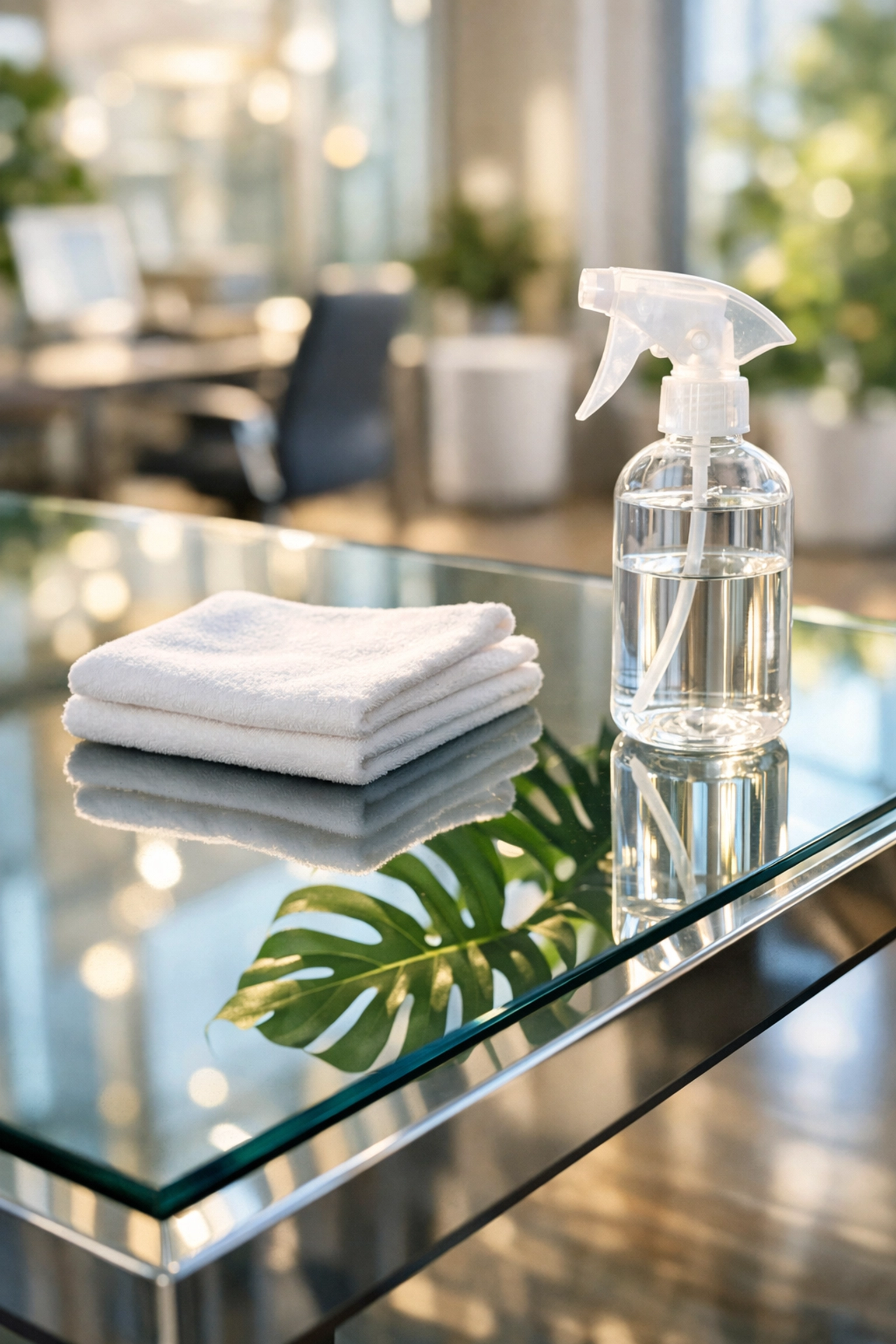 Eco-friendly commercial cleaning in a Groton office using sustainable products on a glass conference table.