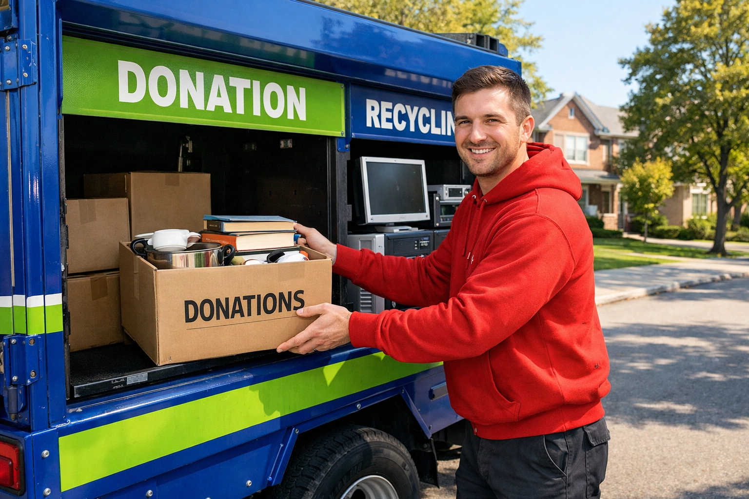 Junk GTA owner Roman loading donation items and electronics for recycling during a North York estate cleanout.