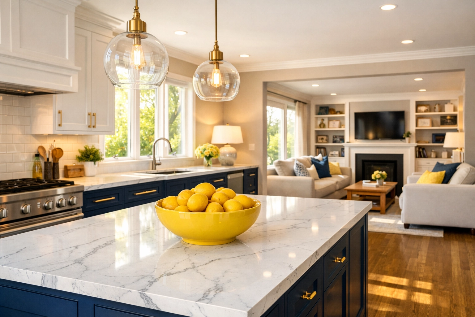 Immaculate marble kitchen counters in a Leominster home showing the results of professional residential cleaning.