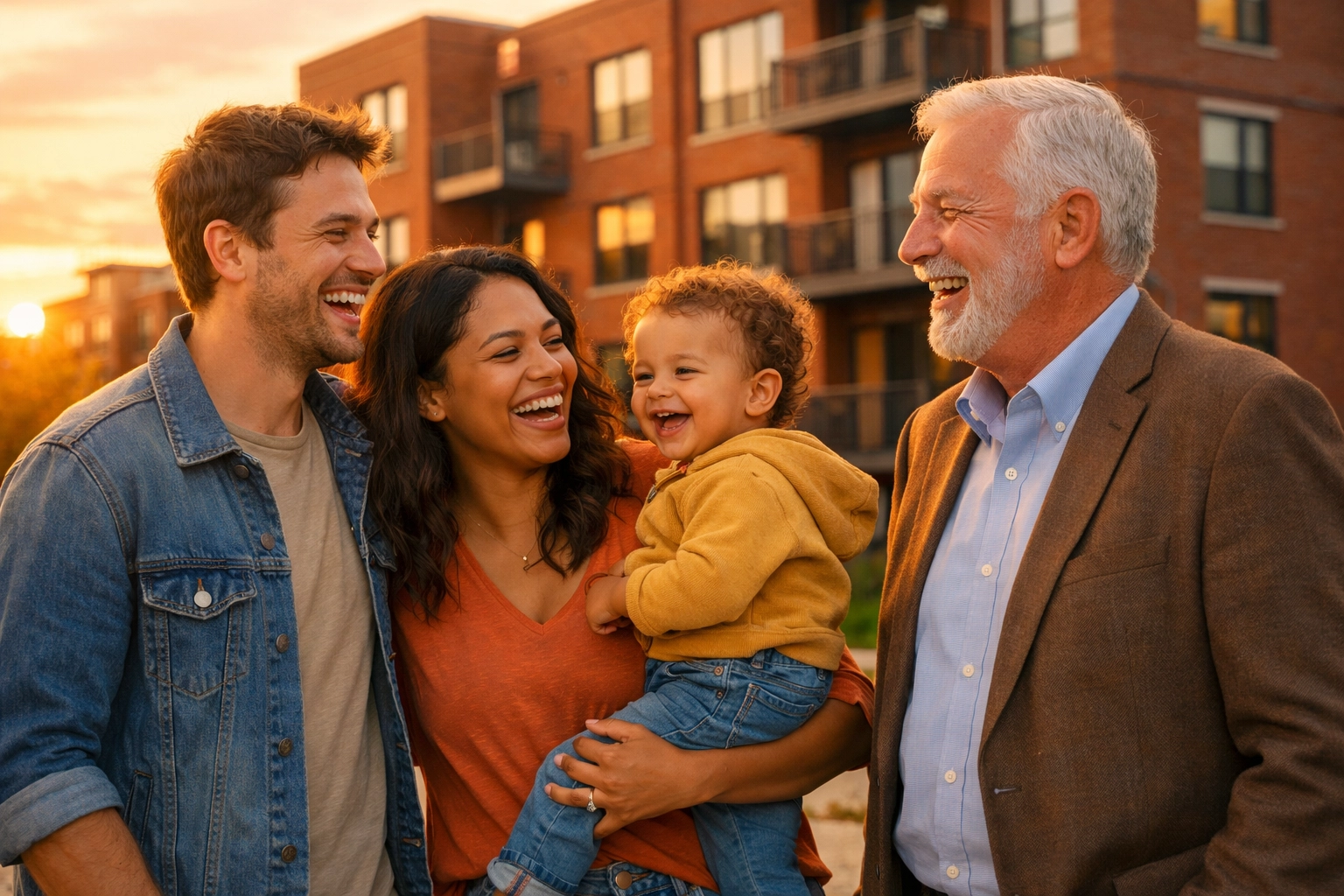 A diverse group of tenants and a landlord in front of a modern red-brick apartment building.