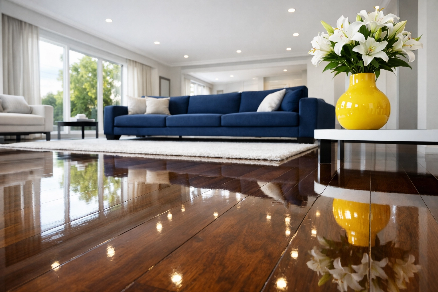 Spotless hardwood floors and modern living room decor from expert luxury house cleaning in Westford.