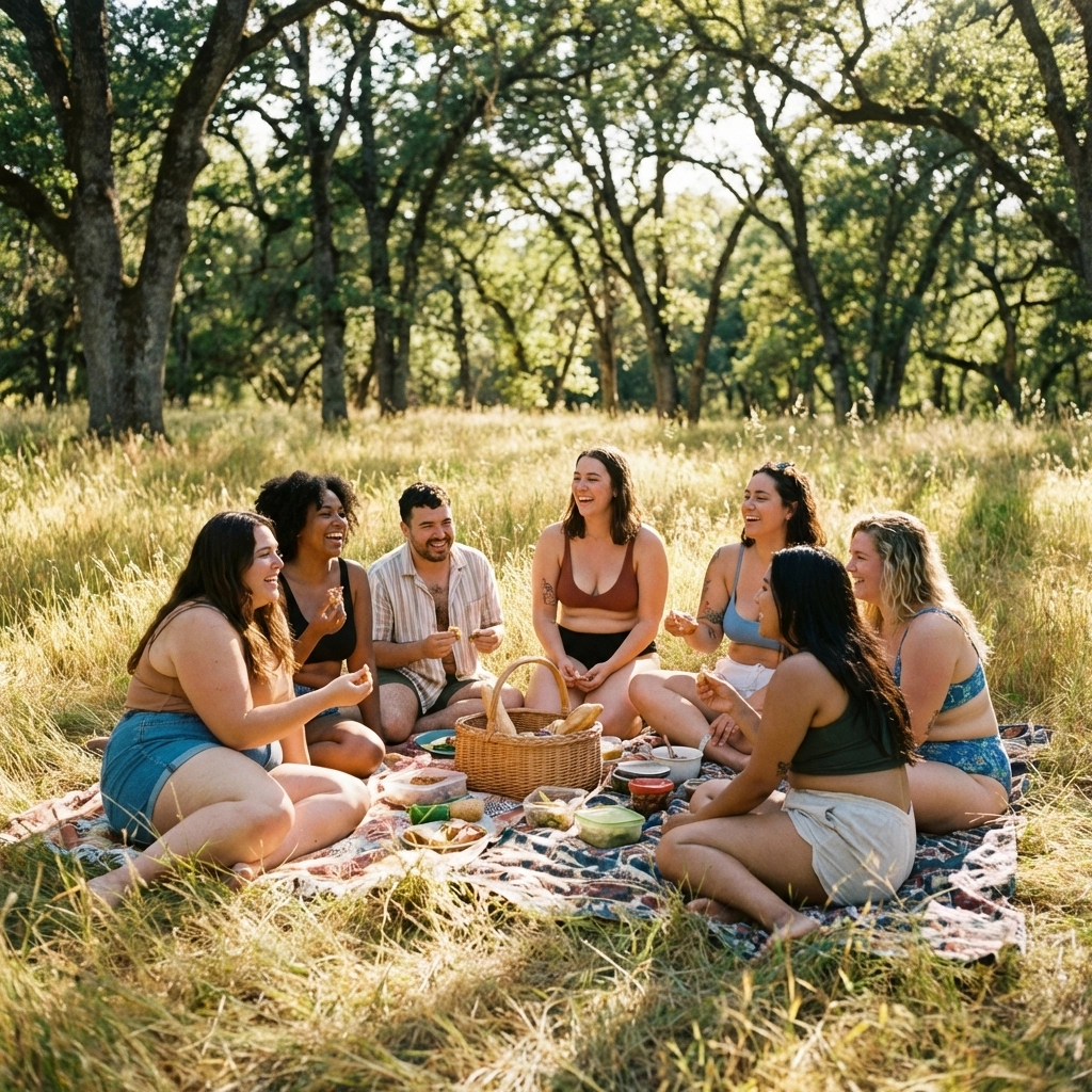 LGBTQ+ friends sharing a nude picnic outdoors celebrating body positivity and connection