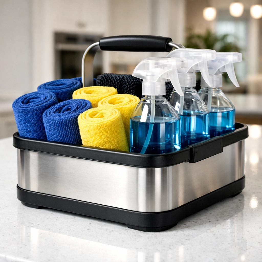 Professional cleaning caddy with microfiber cloths and spray bottles for an efficient house clean.