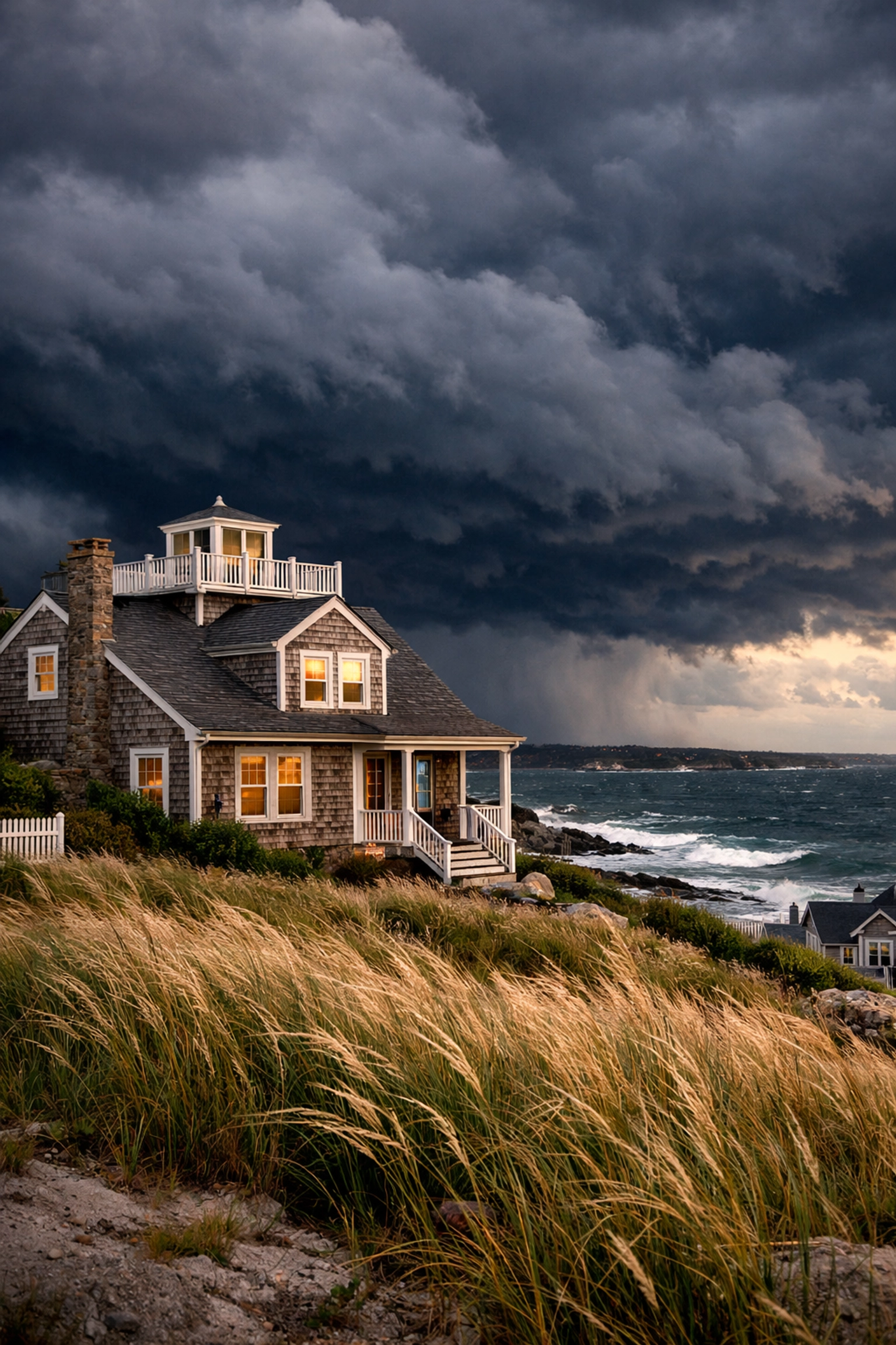 Coastal Rhode Island home facing storm clouds illustrating hurricane insurance needs