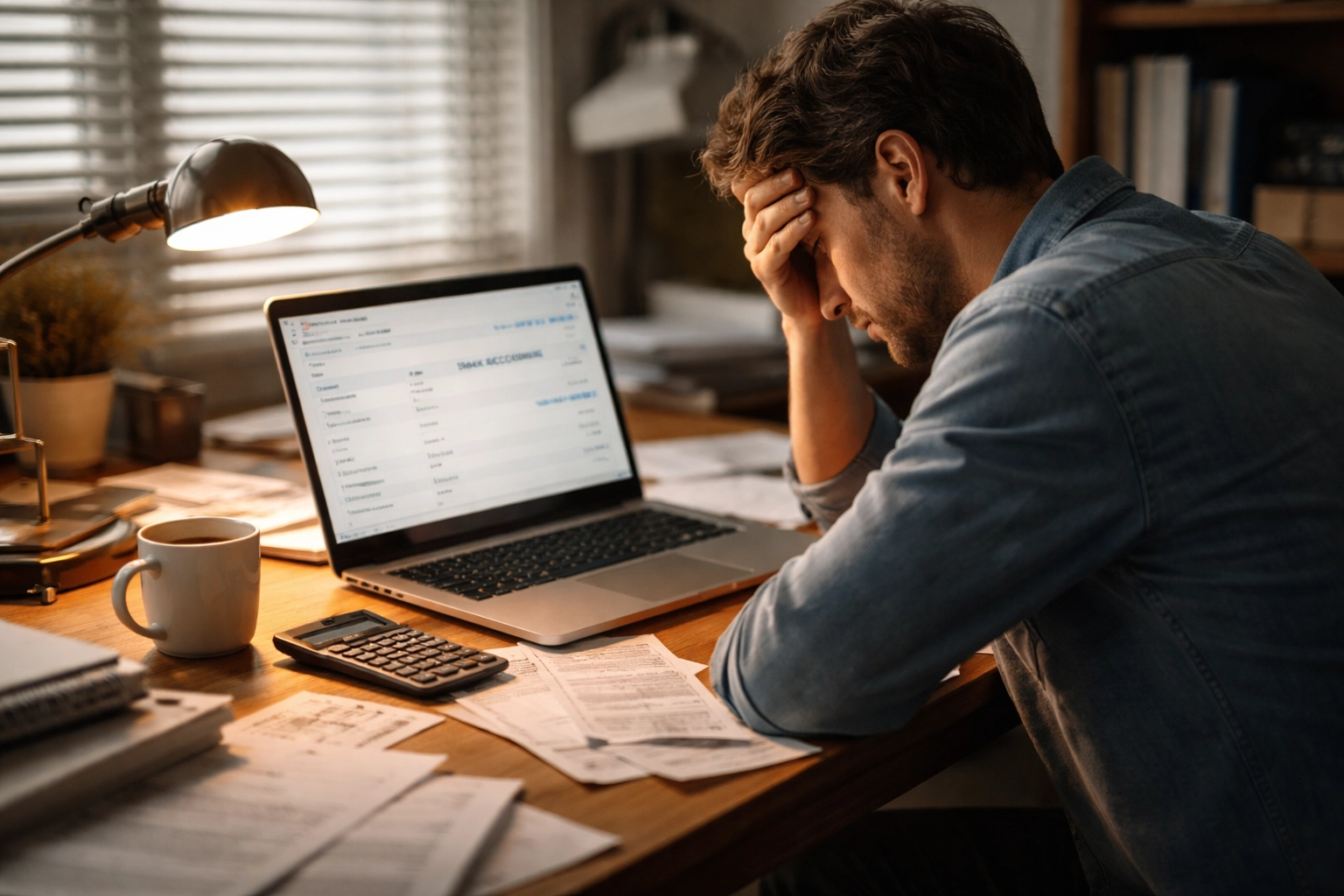 Stressed business owner reviews bank balance at cluttered desk, highlighting cash flow management challenges.