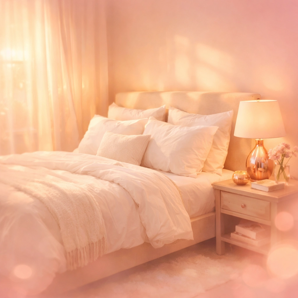 Clean and organized bedroom with white linens and elegant lamp for Valentine's Day romantic setup