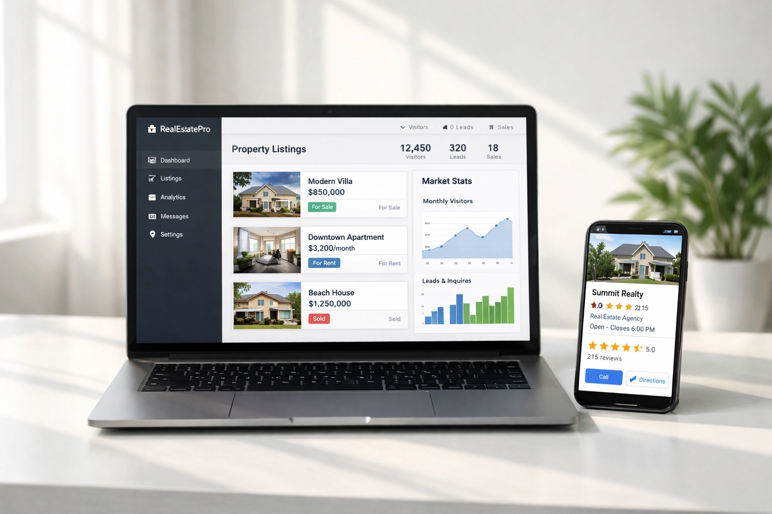 Real estate website dashboard and Google Business Profile on devices showing lead generation assets Real estate website dashboard and Google Business Profile on devices showing lead generation assets