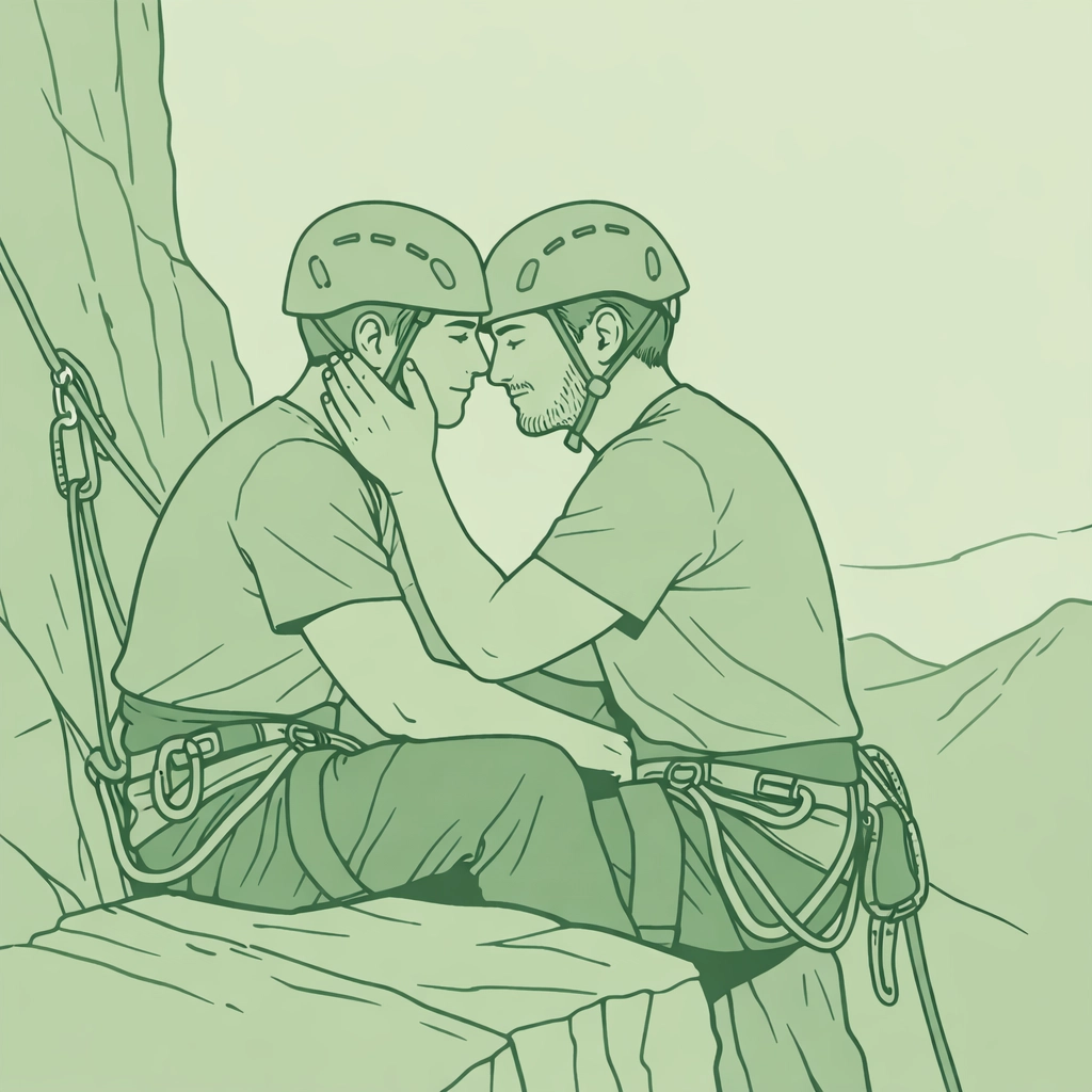Two male rock climbers share intimate moment on mountain ledge - MM climbing romance trust