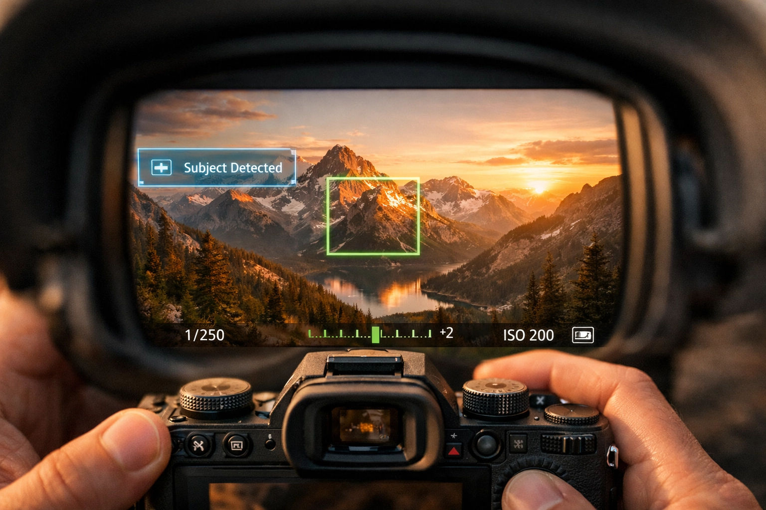 Beginner using a mirrorless camera with AI auto-exposure for landscape photography for beginners.