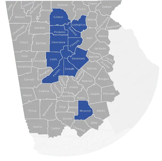 Map of Georgia highlighting the specific counties served by OPA Home Care