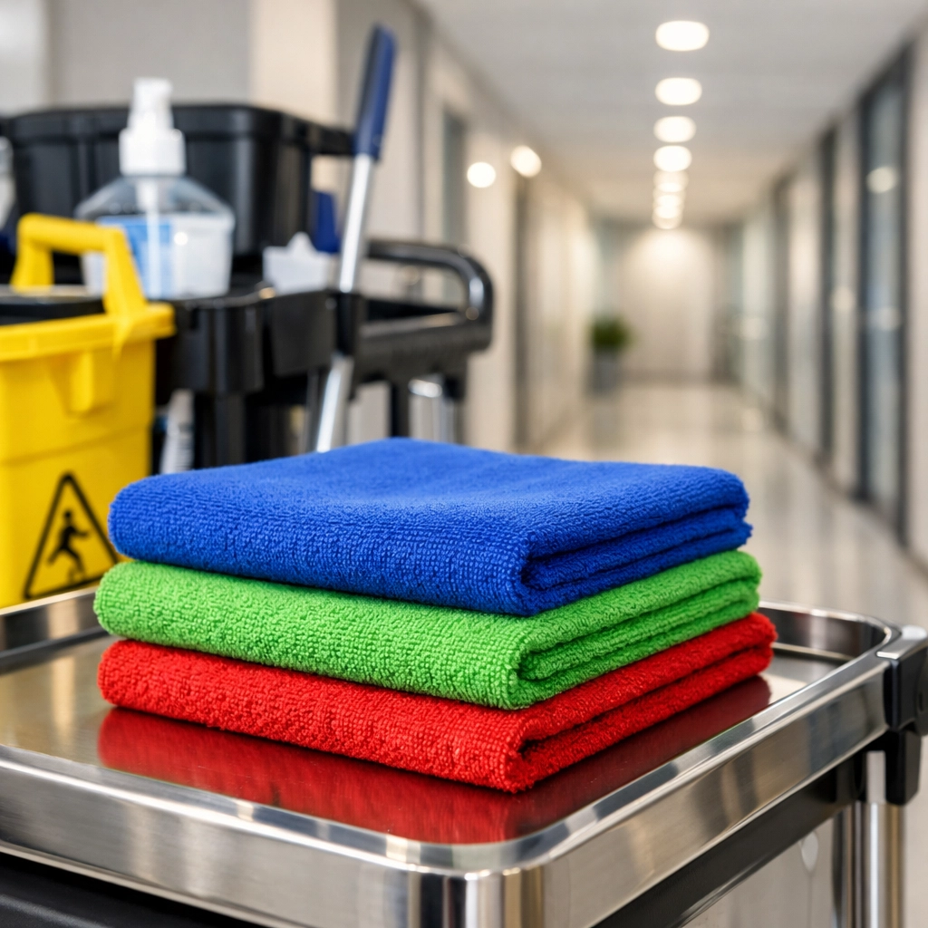 Color-coded microfiber cleaning cloths on a professional janitorial cart to prevent cross-contamination.