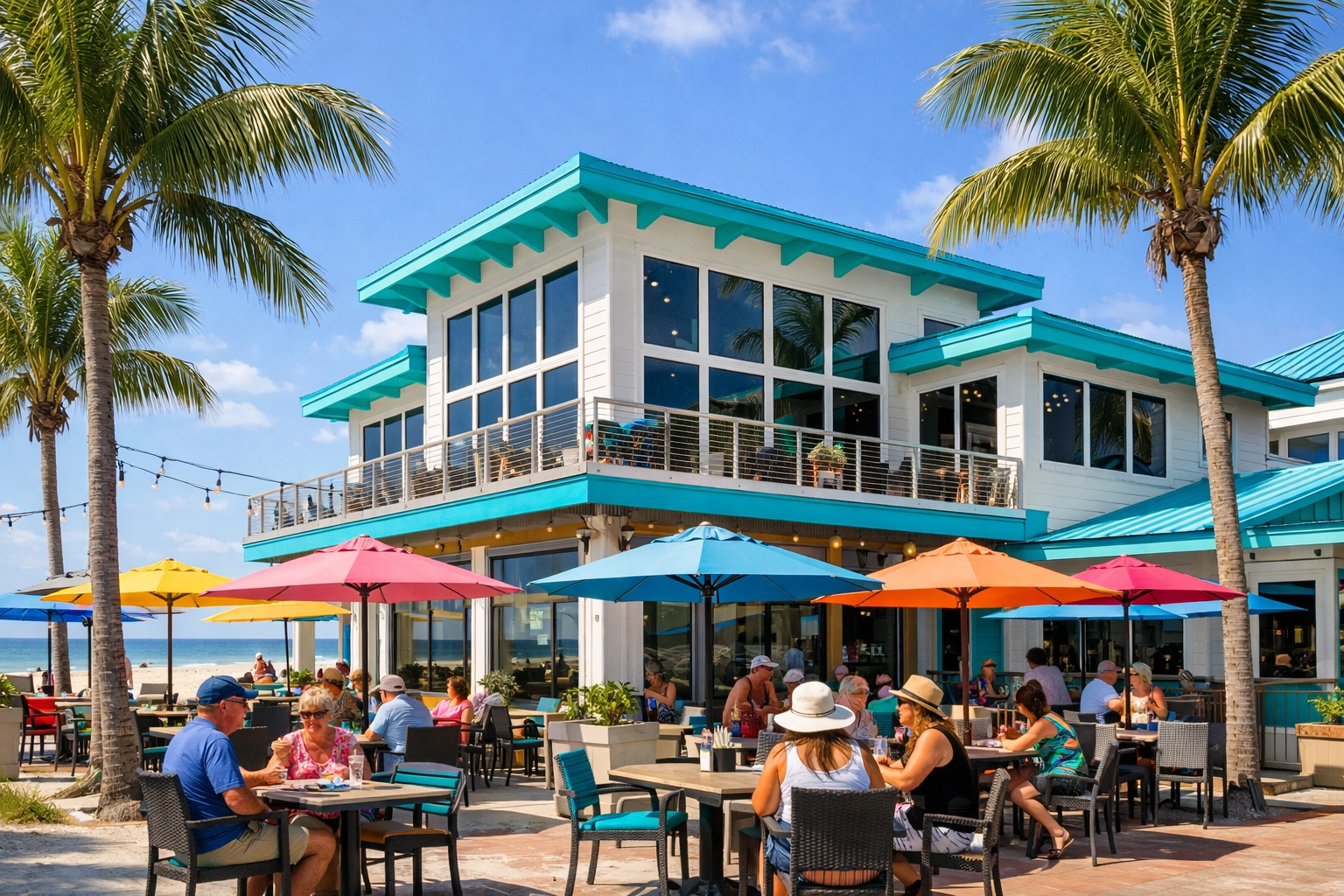 Rebuilt commercial restaurant in Fort Myers Beach Times Square area with outdoor dining and Gulf views