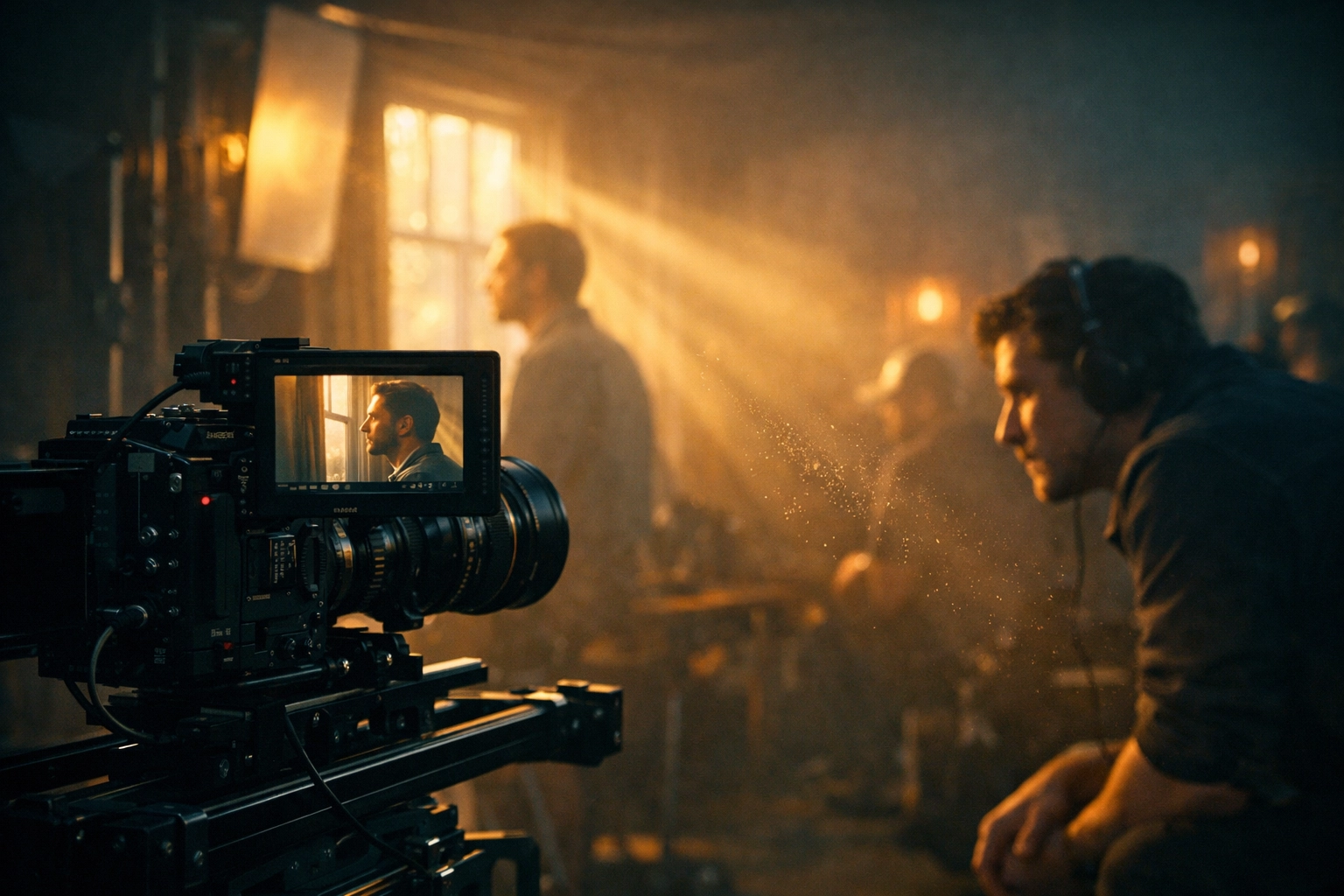 Professional cinema camera on a film set capturing a high-quality scene for a faith-based movie production.