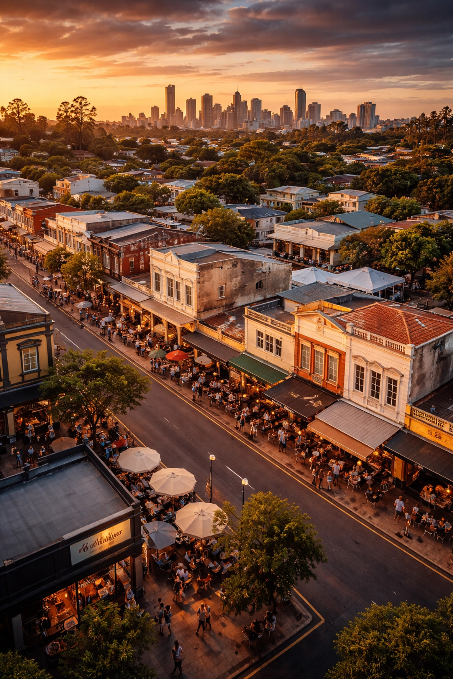 Aerial view of Brisbane’s West End showcasing vibrant literary community, boutique stores, and leafy streets
