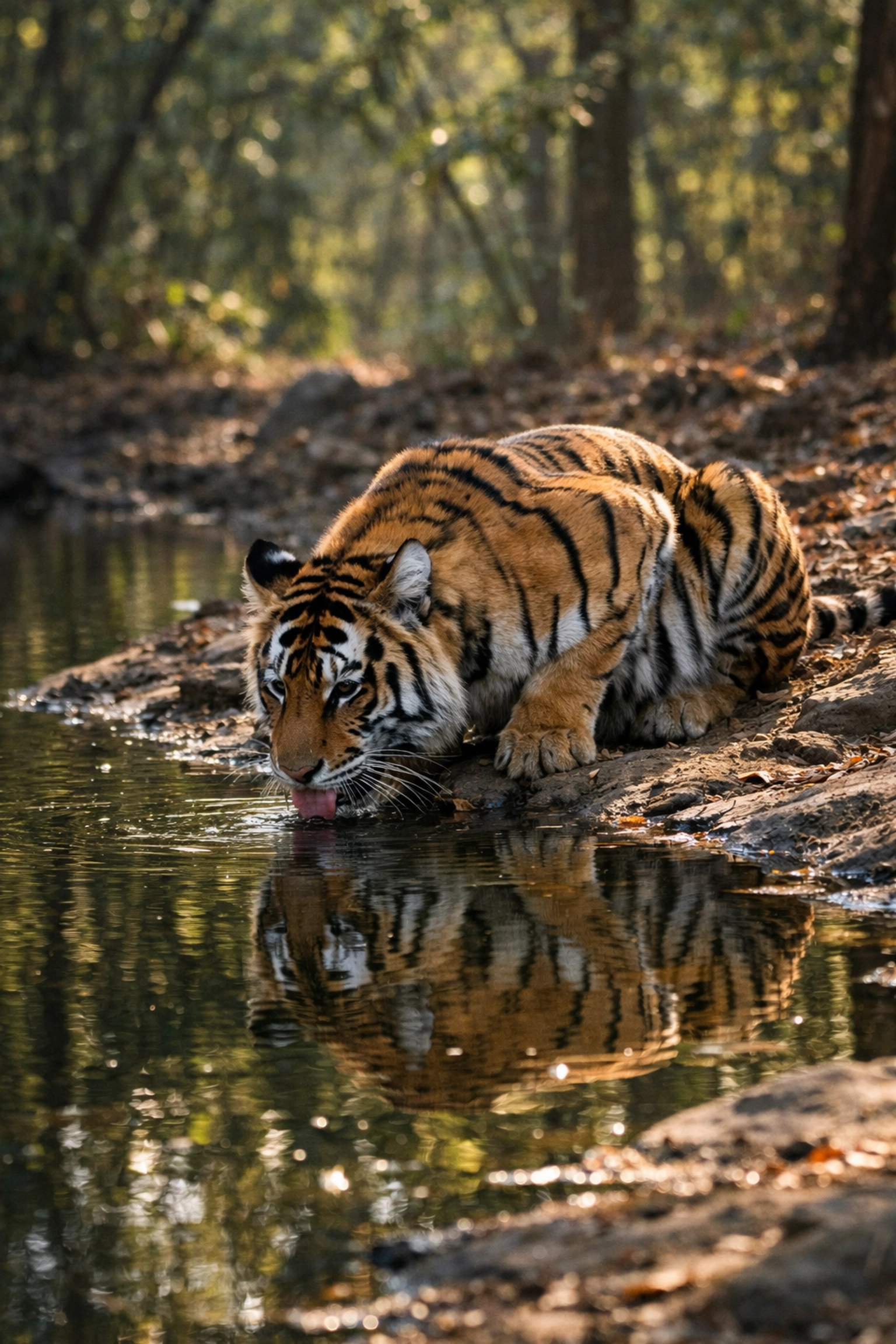 Bengal tiger drinking from a forest pool, demonstrating natural behavior in the wild.