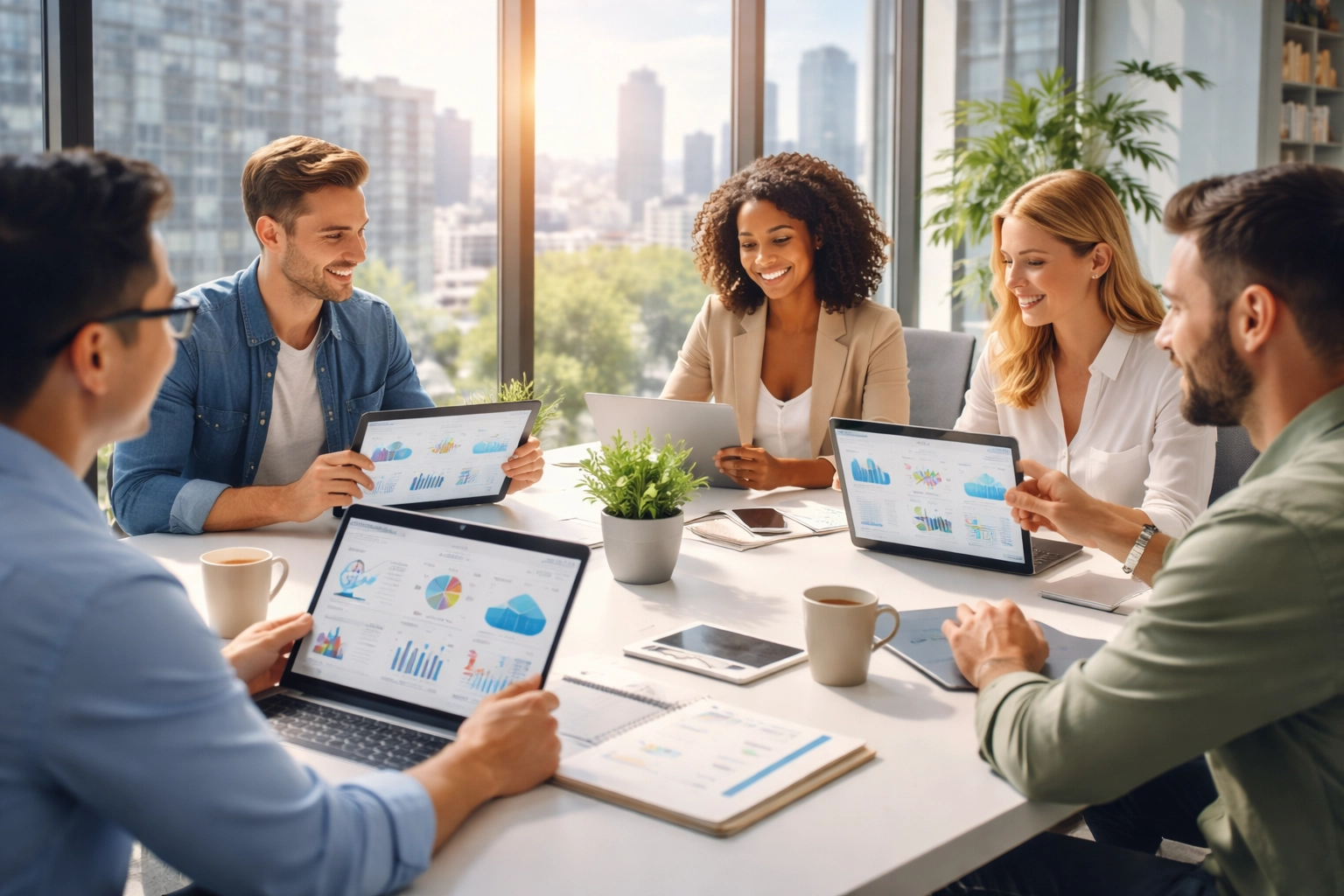 Business team reviews performance metrics, emphasizing collaboration and strategic AI agent deployment for automation.