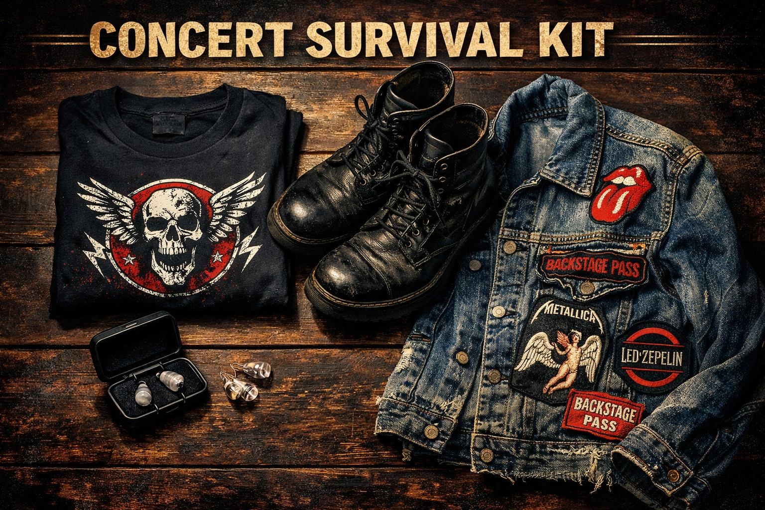Concert survival kit with a band t-shirt and denim jacket from Rock Universe's licensed merch collection.