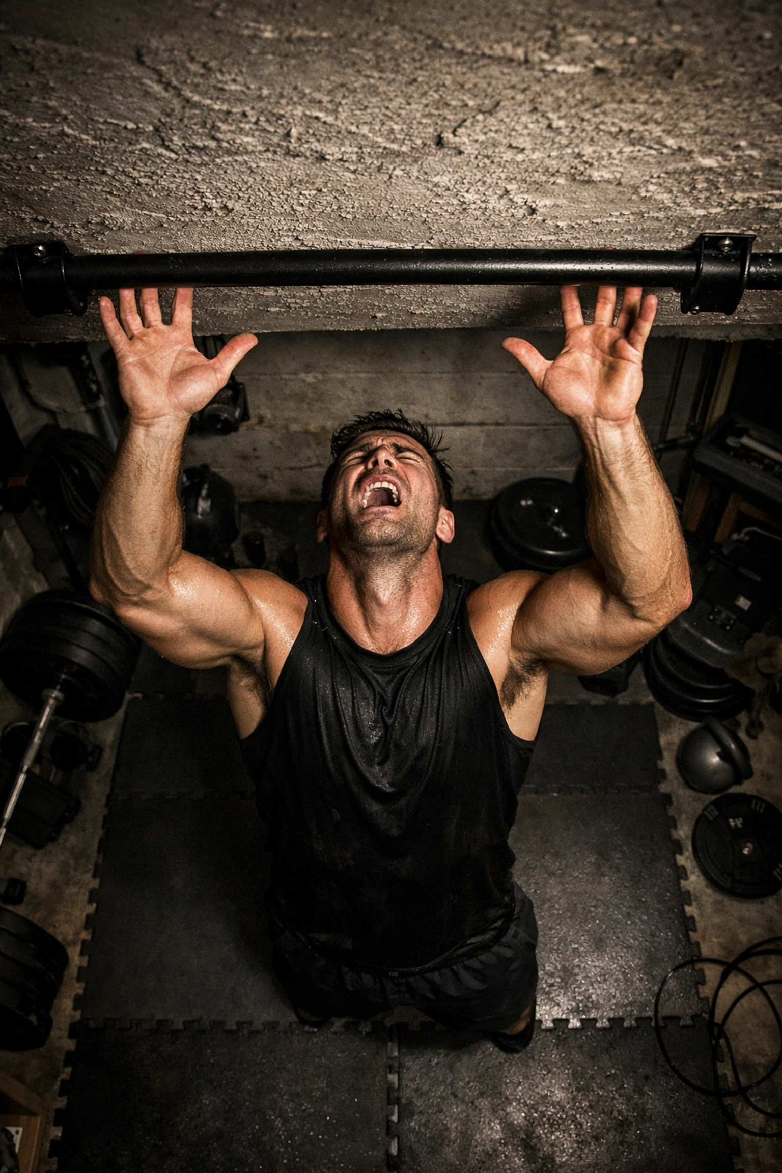 Athlete reaching ceiling in cramped home gym showing inadequate height clearance for pull-ups