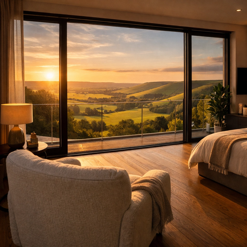 Luxury second floor master suite with floor-to-ceiling windows overlooking the South Downs.
