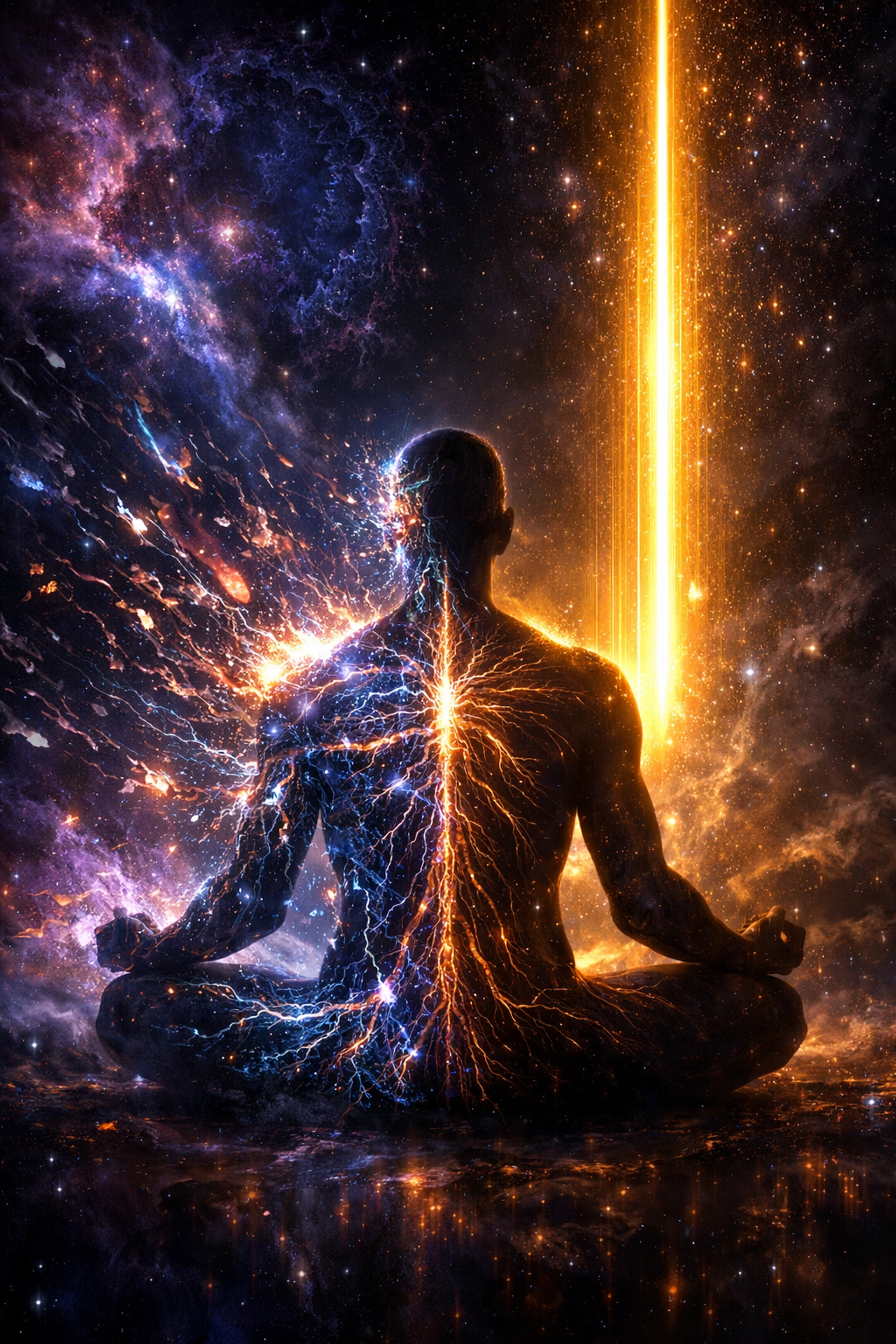 Glowing nervous system transforming into a focused laser beam for high performance and flow states.