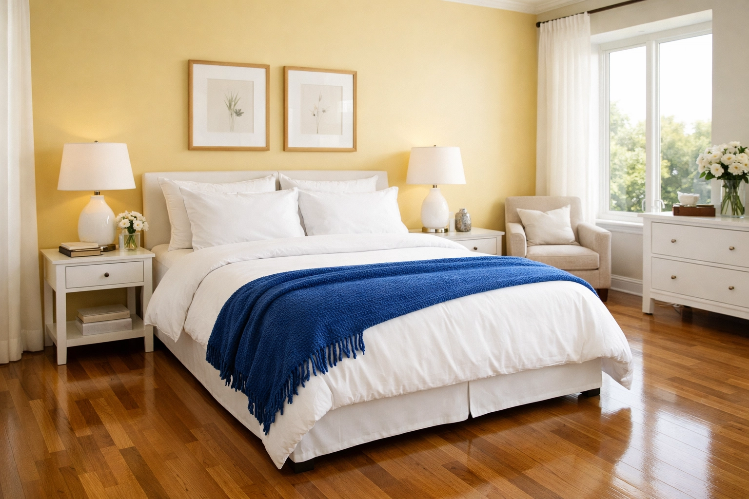Sanitized master bedroom and polished floors highlighting expert house cleaning Ashby MA.